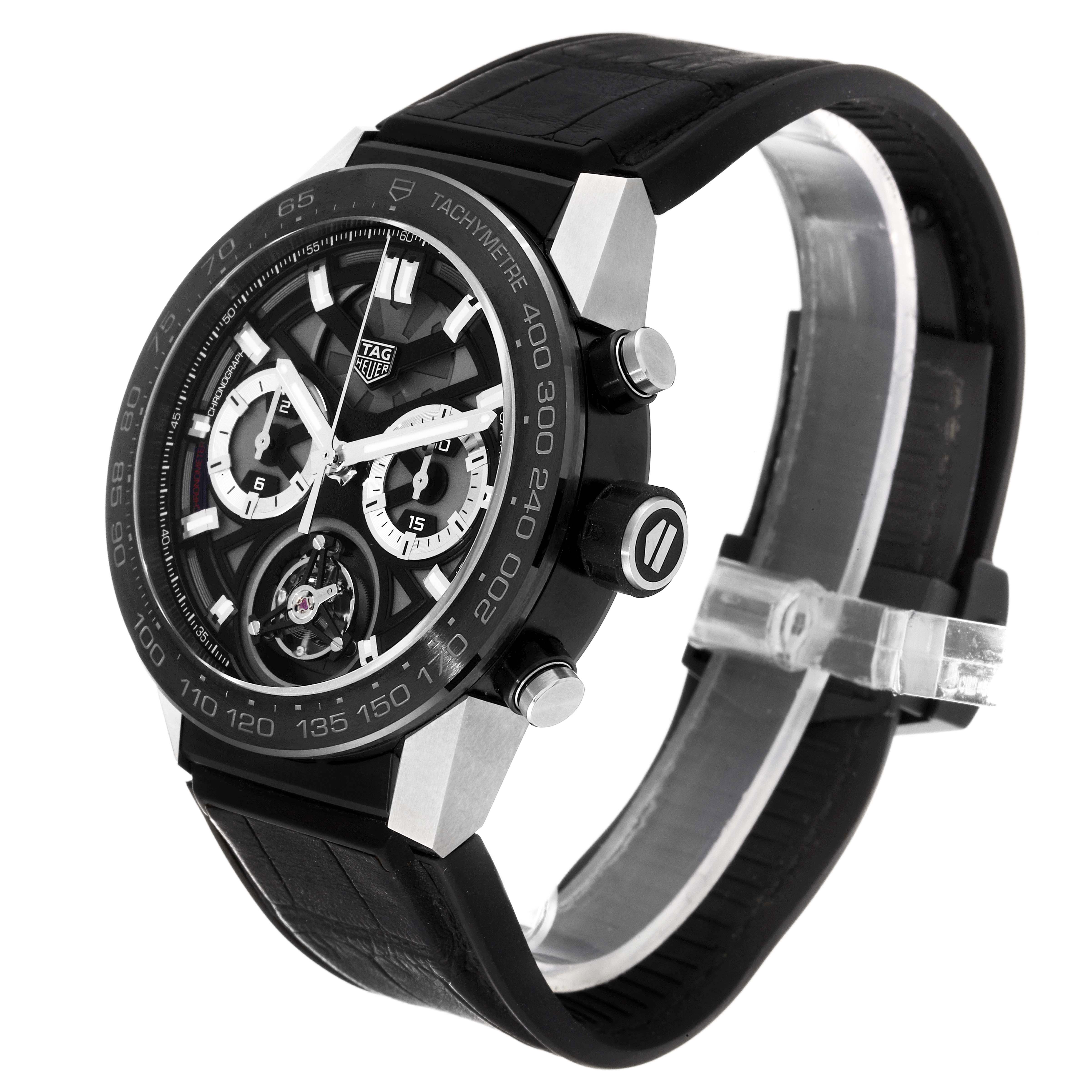 This image shows a side and front angle of the Tag Heuer Carrera CAR5A8Y.FC6377 Men's Titanium Black Dial CAR5A8Y.FC6377 Men's Titanium Black Dial watch, highlighting the dial, tachymeter bezel, and strap.