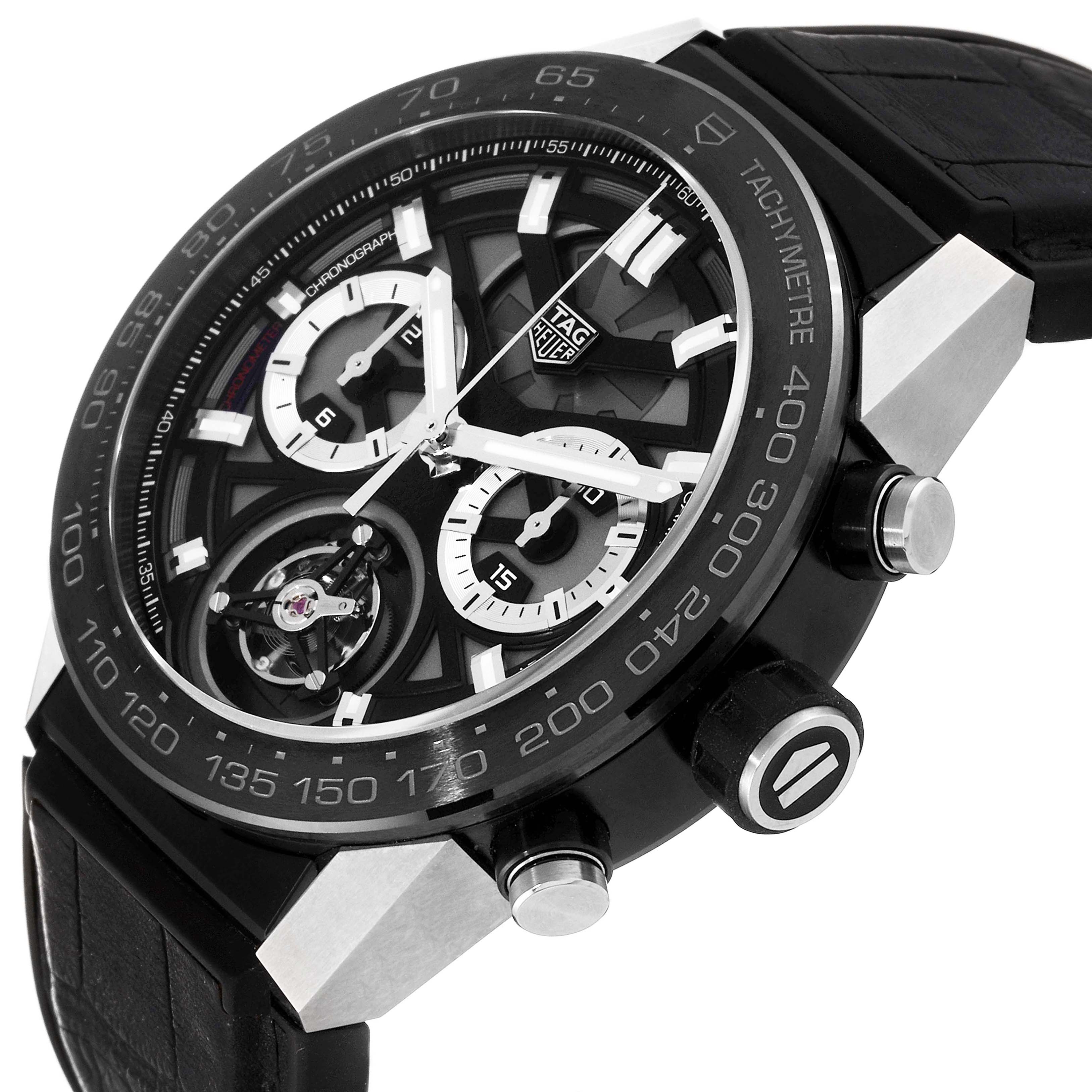 The image shows a side angle view of the Tag Heuer Carrera CAR5A8Y.FC6377 Men's Titanium Black Dial CAR5A8Y.FC6377 Men's Titanium Black Dial watch, highlighting the dial, tachymeter bezel, and chronograph pushers.