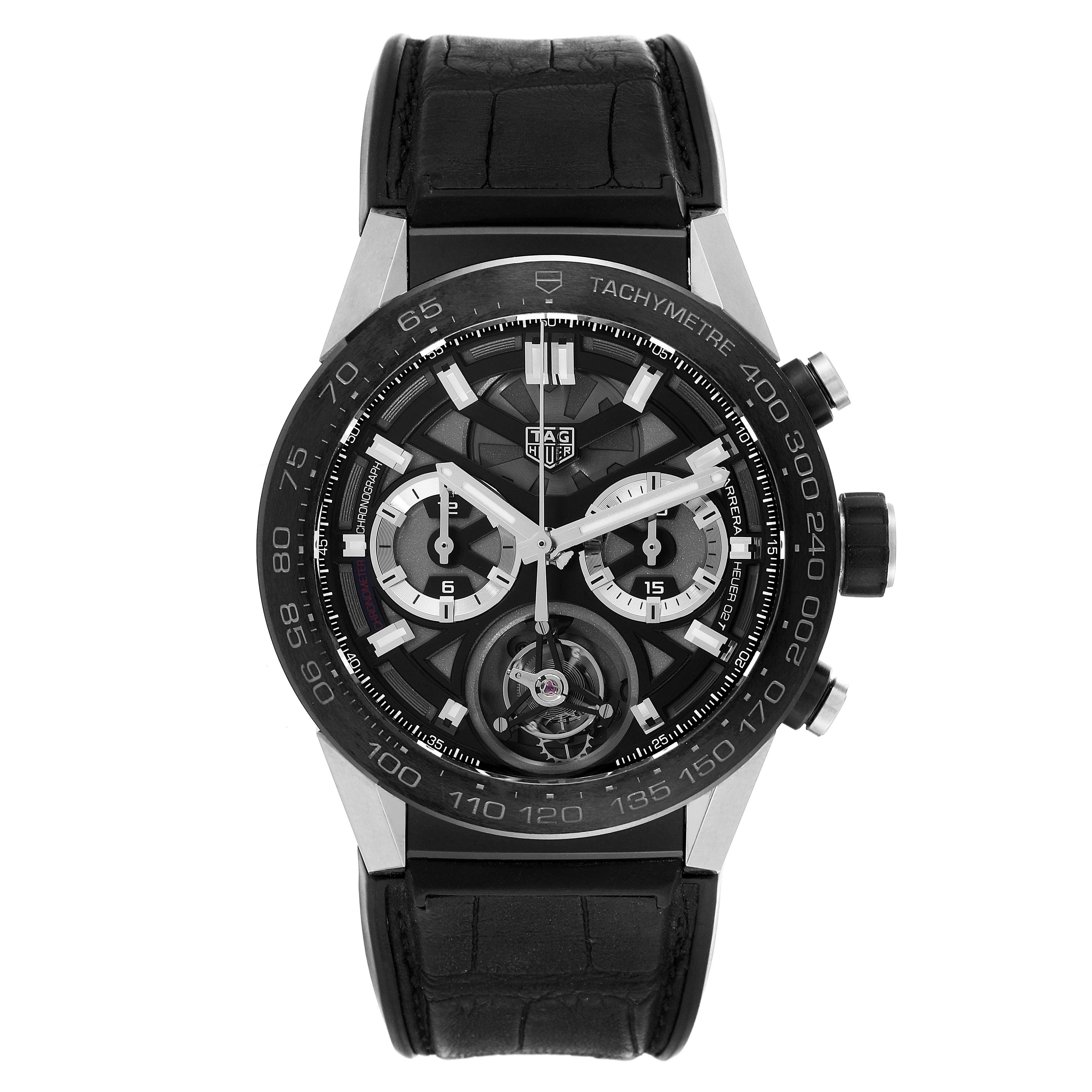 This image shows a front view of the Tag Heuer Carrera CAR5A8Y.FC6377 Men's Titanium Black Dial CAR5A8Y.FC6377 Men's Titanium Black Dial model watch, highlighting its face, bezel, and strap.