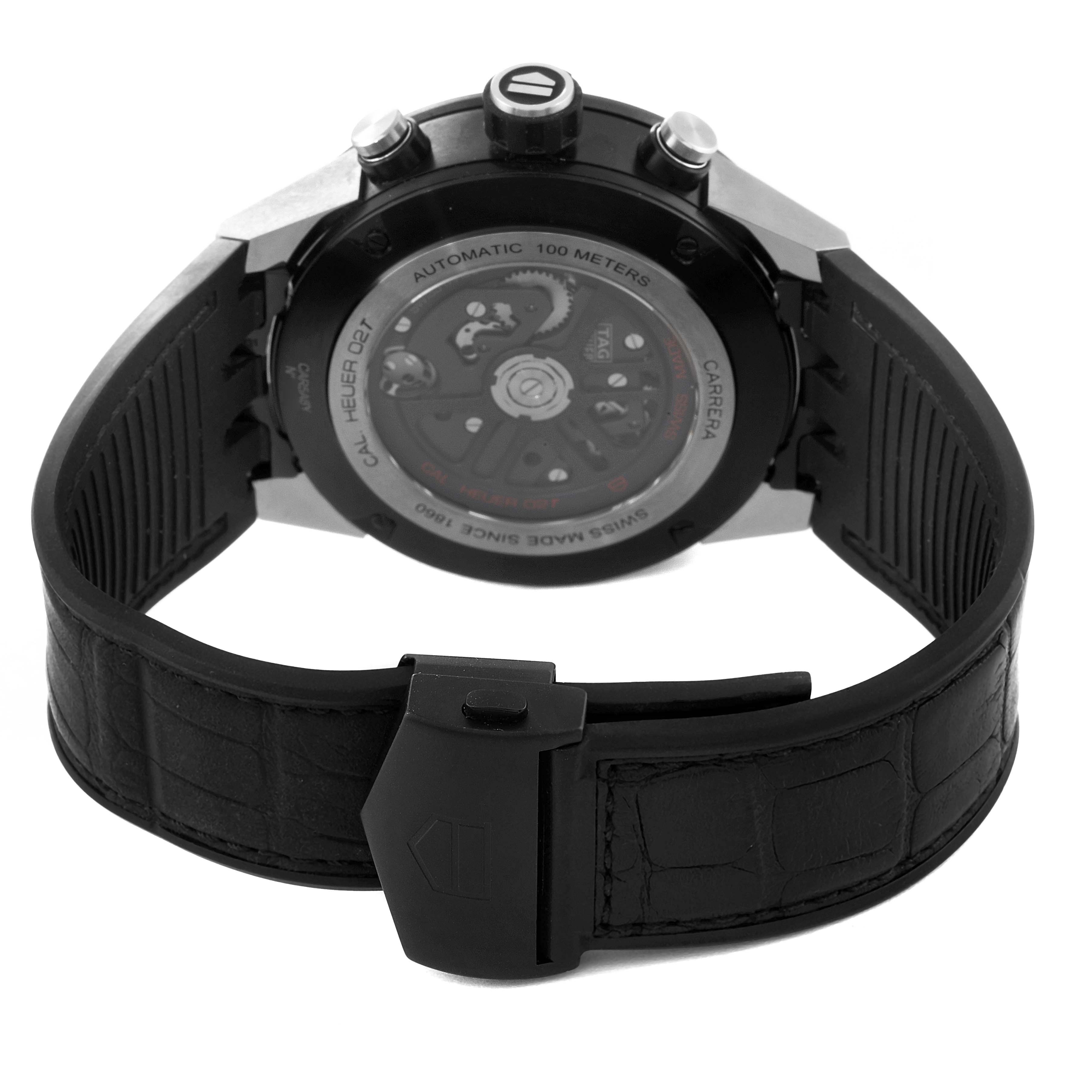 The image shows the back view of a Tag Heuer Carrera CAR5A8Y.FC6377 Men's Titanium Black Dial CAR5A8Y.FC6377 Men's Titanium Black Dial watch, highlighting the automatic movement and clasp.