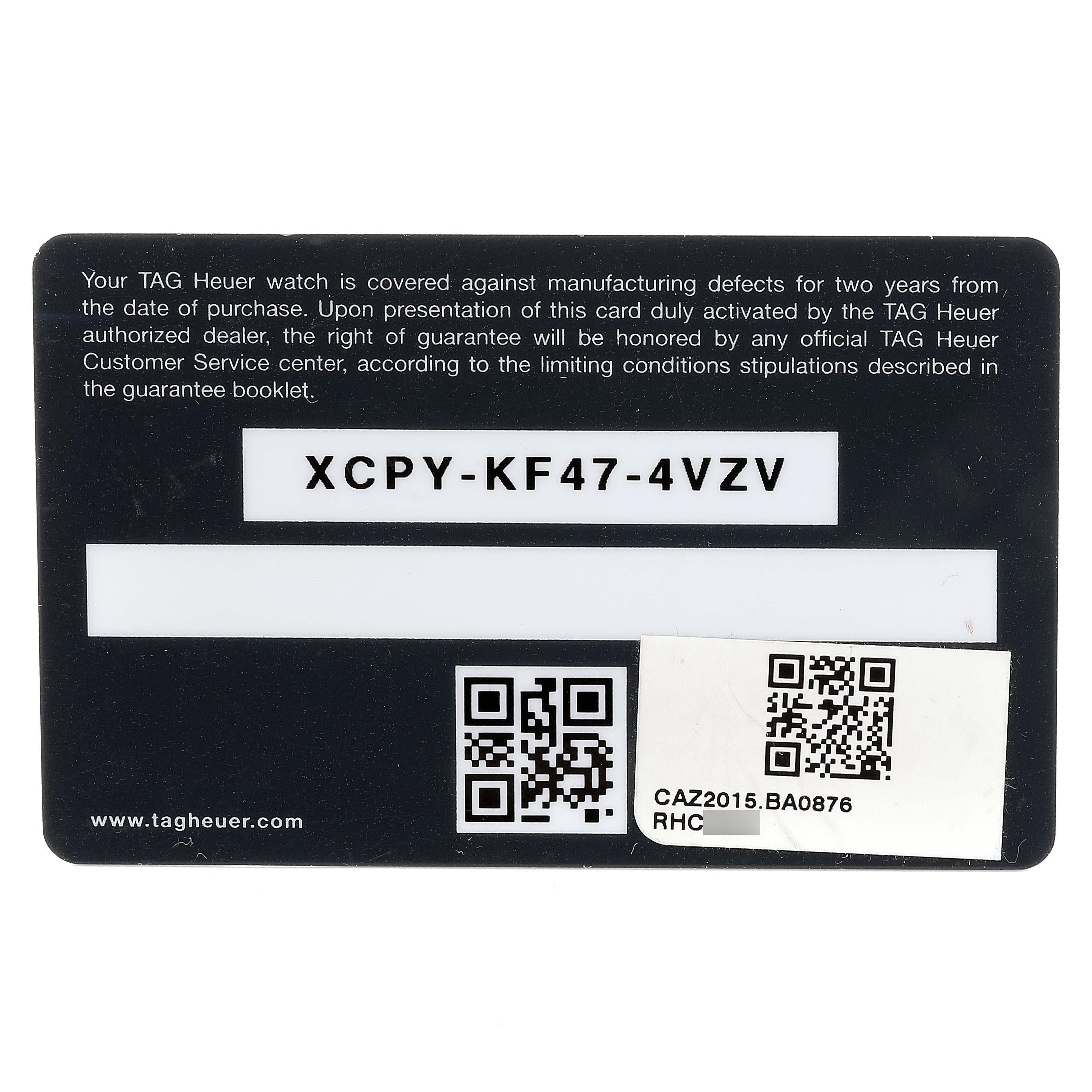 The image shows a warranty card for the Tag Heuer Formula 1 CAZ2015.BA0876 Men's Stainless Steel Blue Dial CAZ2015.BA0876 Men's Stainless Steel Blue Dial watch model.