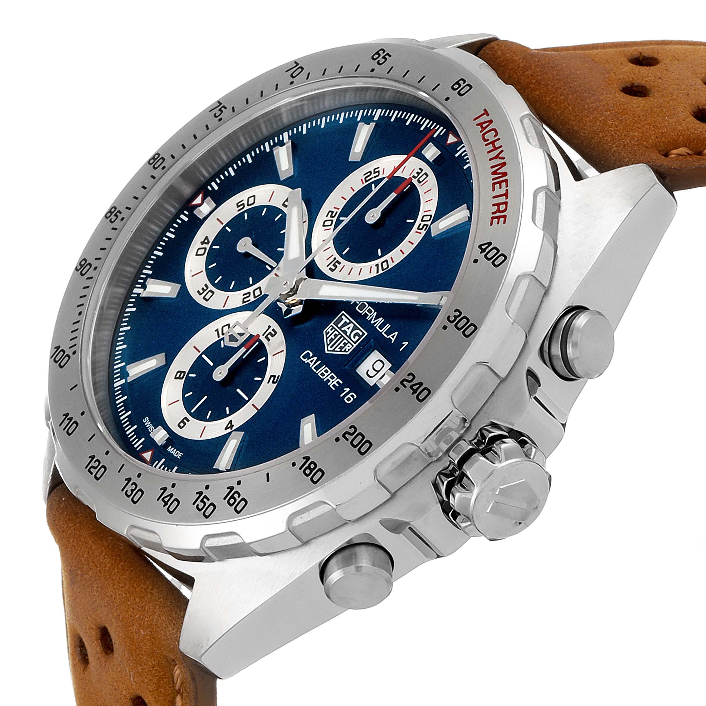 The image shows a close-up angled view of a Tag Heuer Formula 1 CAZ2015.BA0876 Men's Stainless Steel Blue Dial CAZ2015.BA0876 Men's Stainless Steel Blue Dial watch, highlighting its chronograph dials, bezel, and crown.