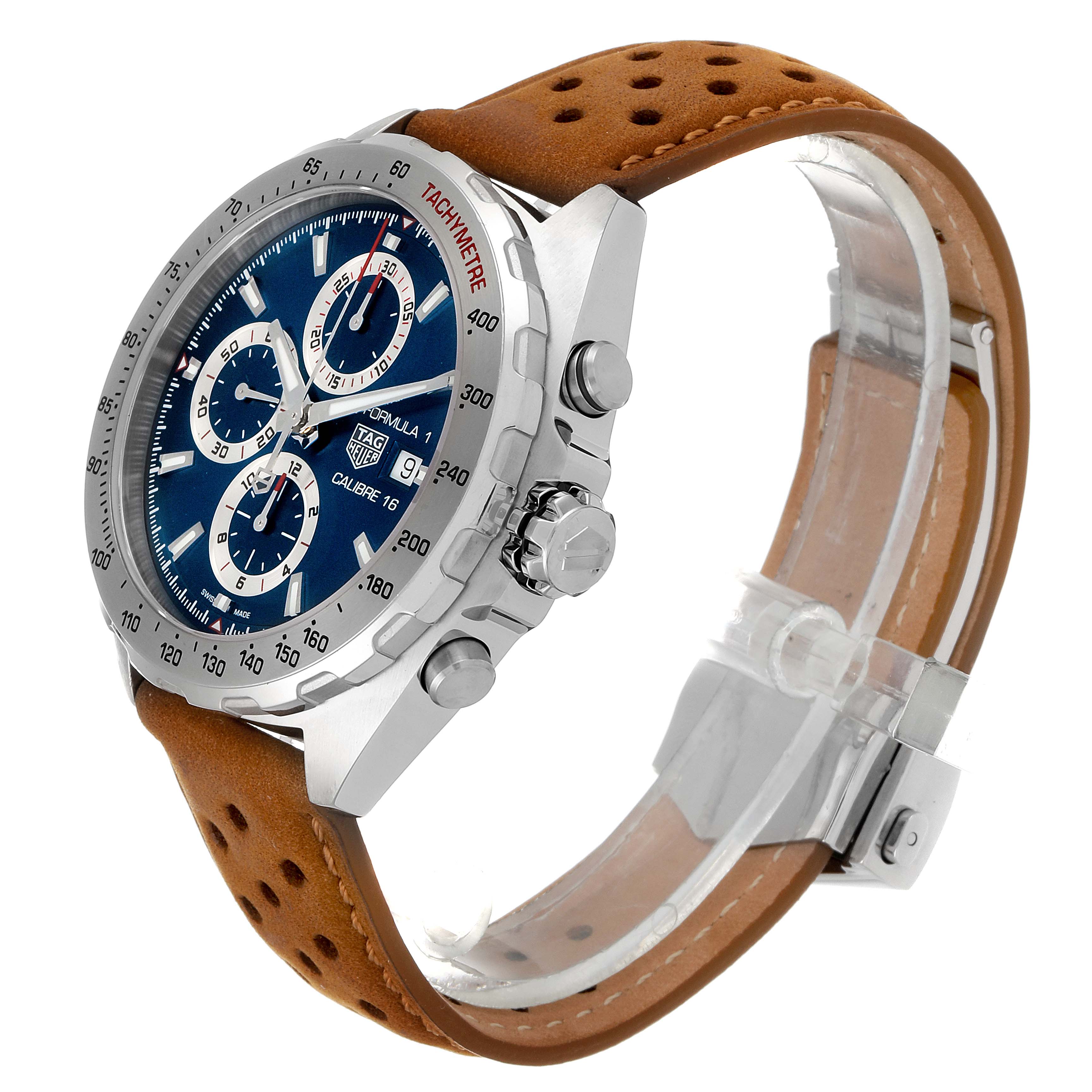 The Tag Heuer Formula 1 CAZ2015.BA0876 Men's Stainless Steel Blue Dial CAZ2015.BA0876 Men's Stainless Steel Blue Dial watch is shown at an angle highlighting the face, bezel, crown, and leather strap.
