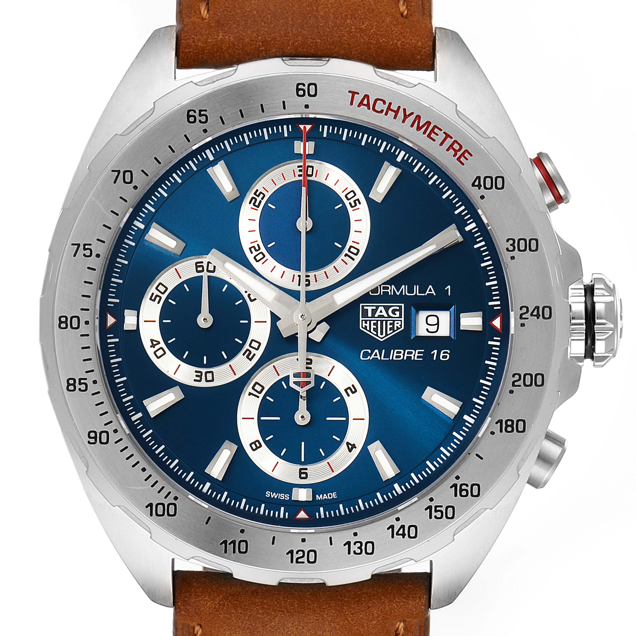 The image shows a close-up of the face of a Tag Heuer Formula 1 CAZ2015.BA0876 Men's Stainless Steel Blue Dial CAZ2015.BA0876 Men's Stainless Steel Blue Dial model watch with a blue dial and brown leather strap.
