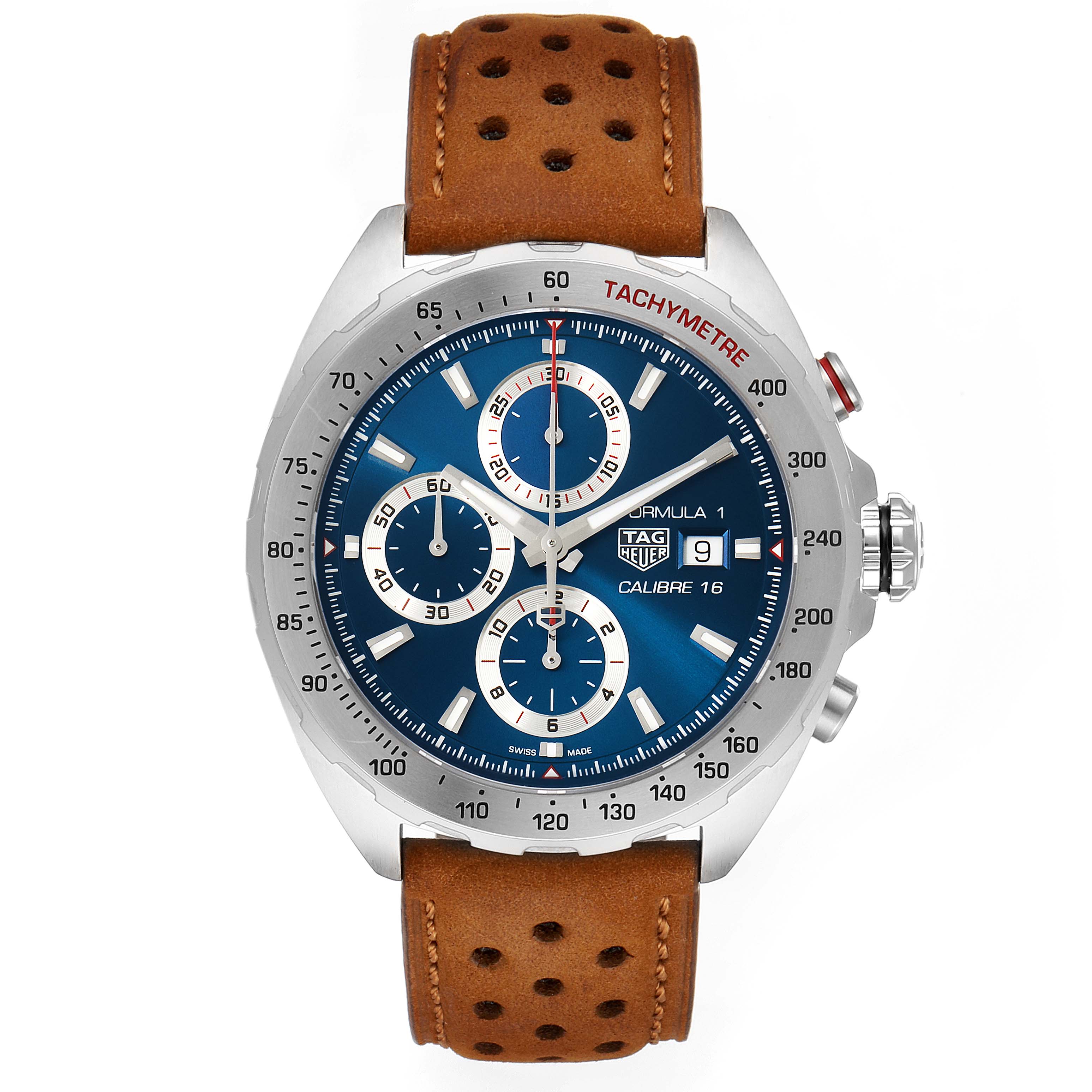 The Tag Heuer Formula 1 CAZ2015.BA0876 Men's Stainless Steel Blue Dial CAZ2015.BA0876 Men's Stainless Steel Blue Dial watch is shown from the front, displaying its dial, bezel, buttons, and leather strap.