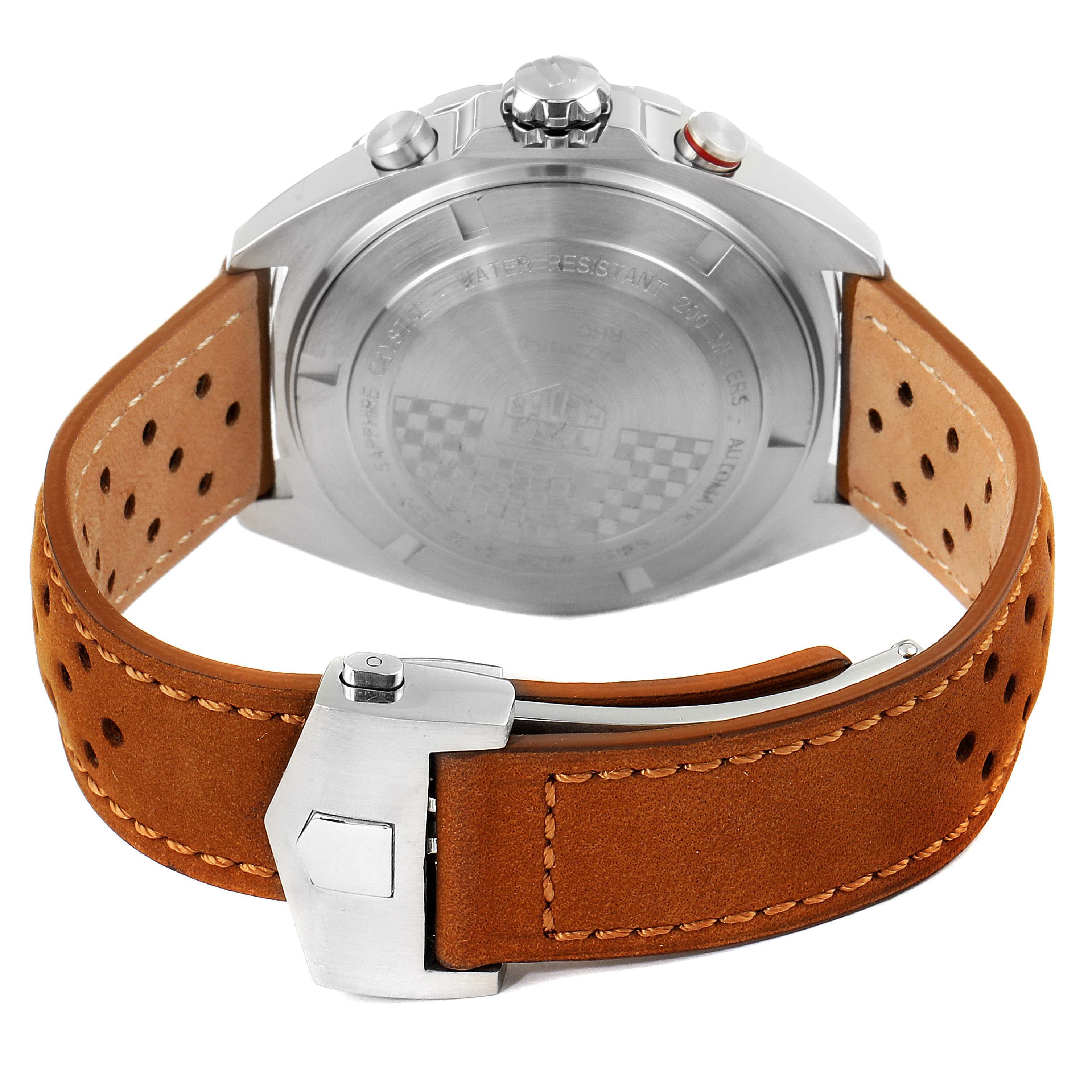 The image shows the back of a Tag Heuer Formula 1 CAZ2015.BA0876 Men's Stainless Steel Blue Dial CAZ2015.BA0876 Men's Stainless Steel Blue Dial watch, focusing on the case back, crown, and brown leather strap.