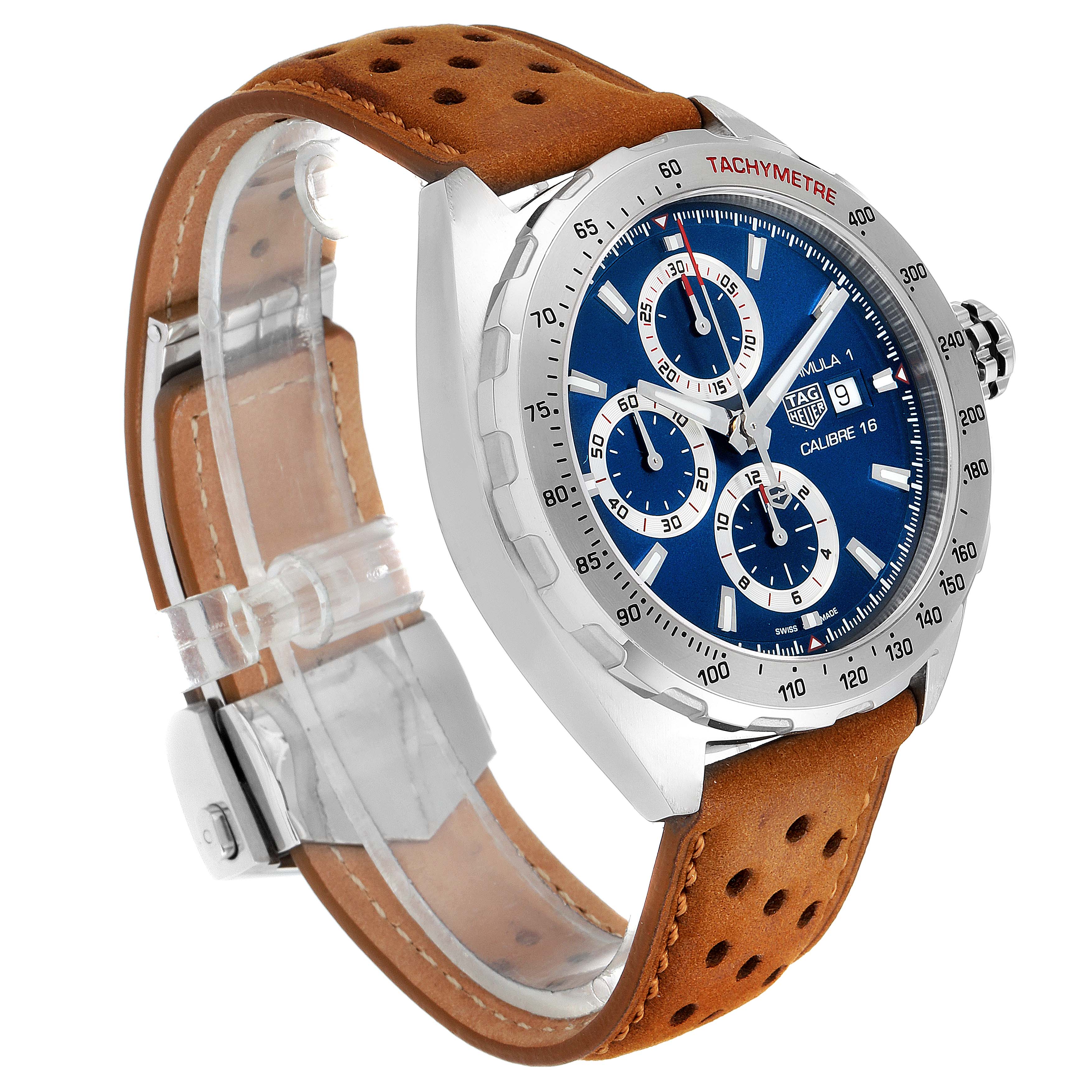 The Tag Heuer Formula 1 CAZ2015.BA0876 Men's Stainless Steel Blue Dial CAZ2015.BA0876 Men's Stainless Steel Blue Dial watch is shown at a three-quarter angle, highlighting the blue dial and brown perforated leather strap.