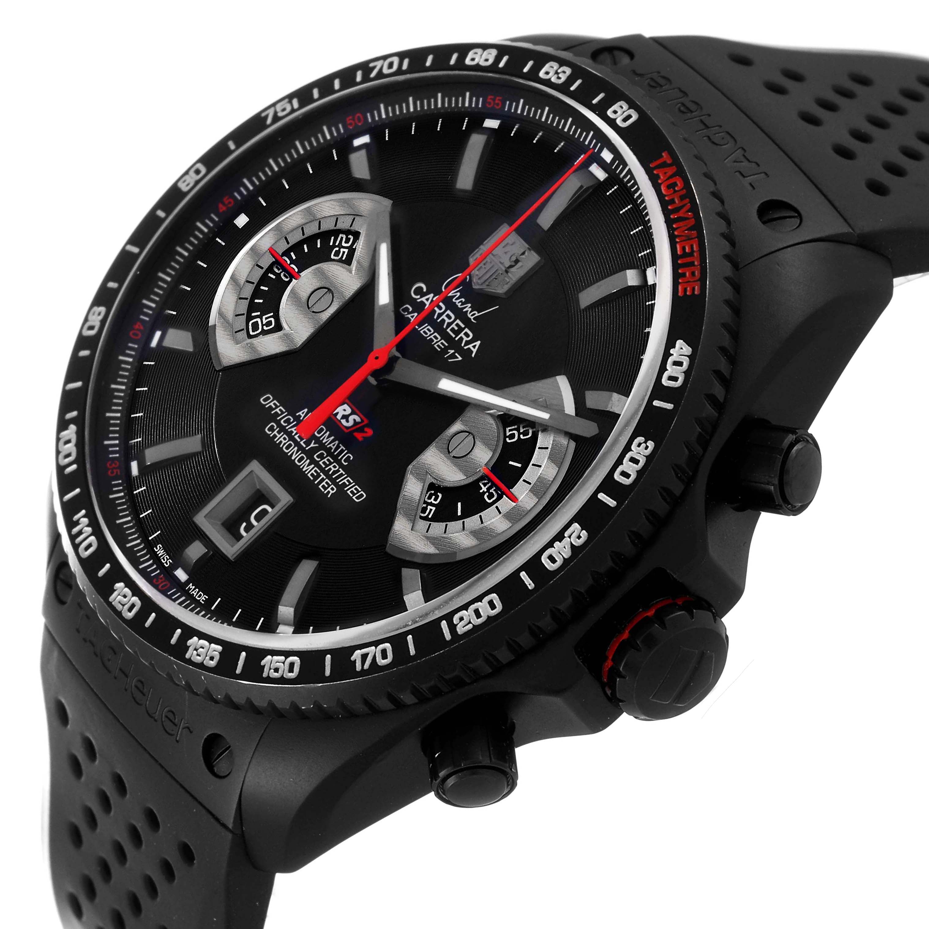 The image shows a close-up, angled view of the Tag Heuer Carrera CAV518B.FT6016 Men's Titanium Black Dial CAV518B.FT6016 Men's Titanium Black Dial watch, highlighting the dial, tachymeter, and strap.