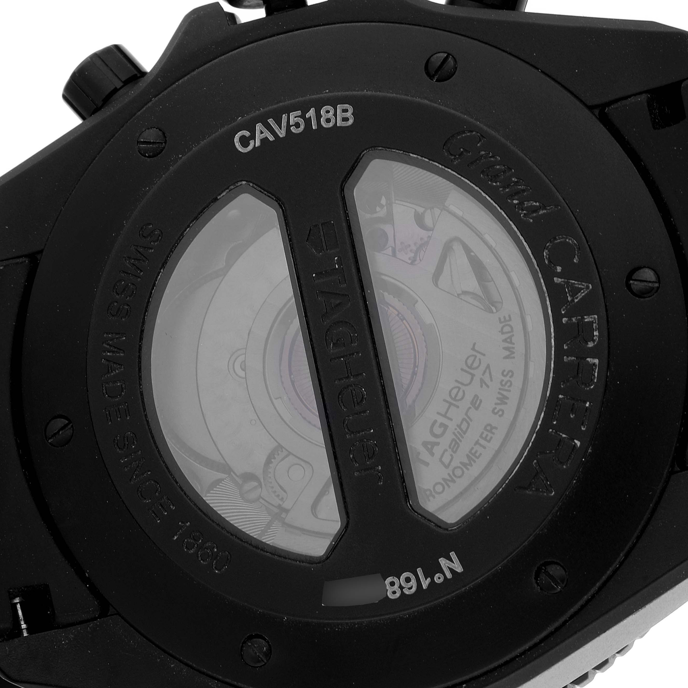 This image shows the back case of the Tag Heuer Carrera CAV518B.FT6016 Men's Titanium Black Dial CAV518B.FT6016 Men's Titanium Black Dial model, revealing its Calibre 17 movement and other engravings.