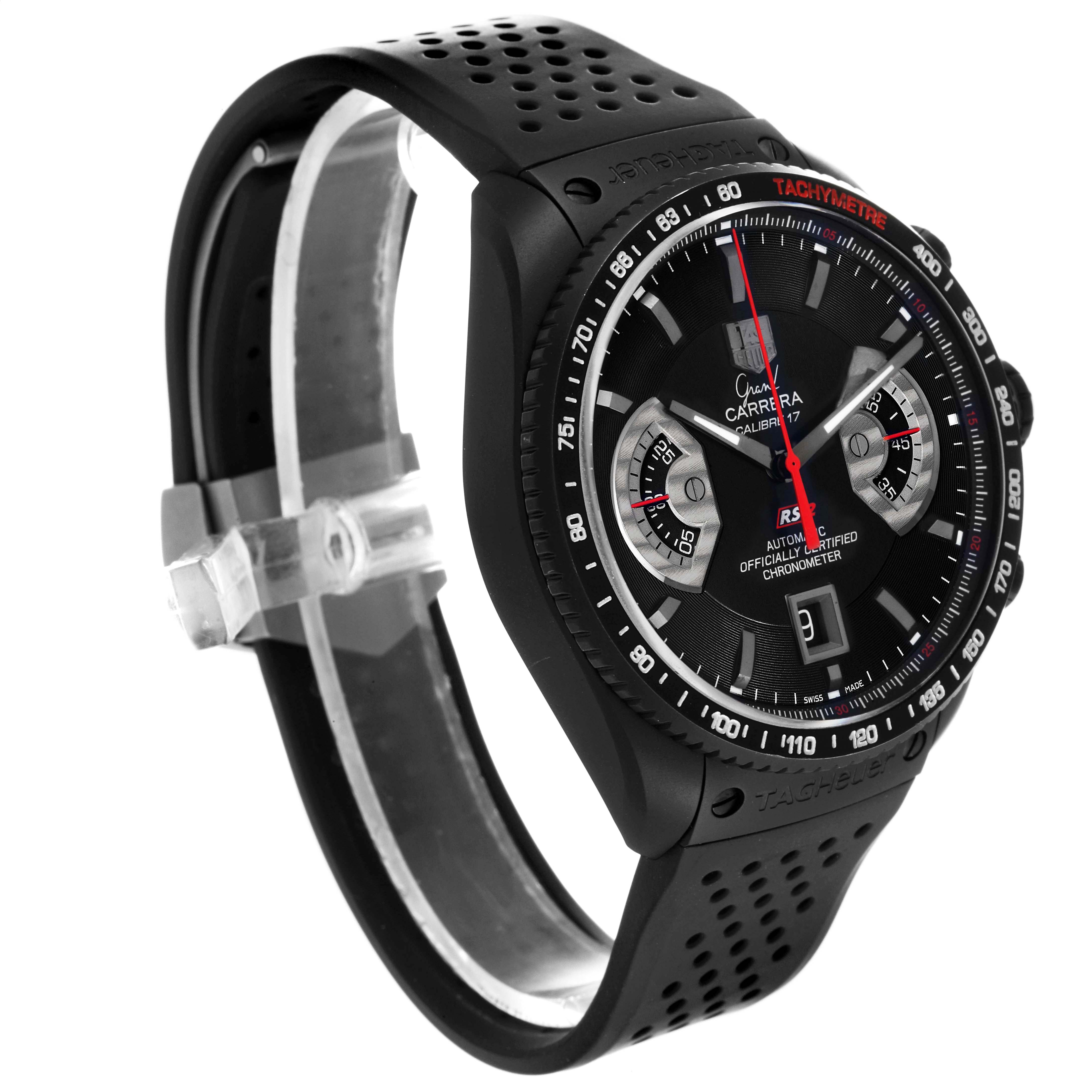 This Tag Heuer Carrera CAV518B.FT6016 Men's Titanium Black Dial CAV518B.FT6016 Men's Titanium Black Dial watch is shown at a three-quarter angle, highlighting the black perforated strap, tachymeter bezel, and chronograph dial.