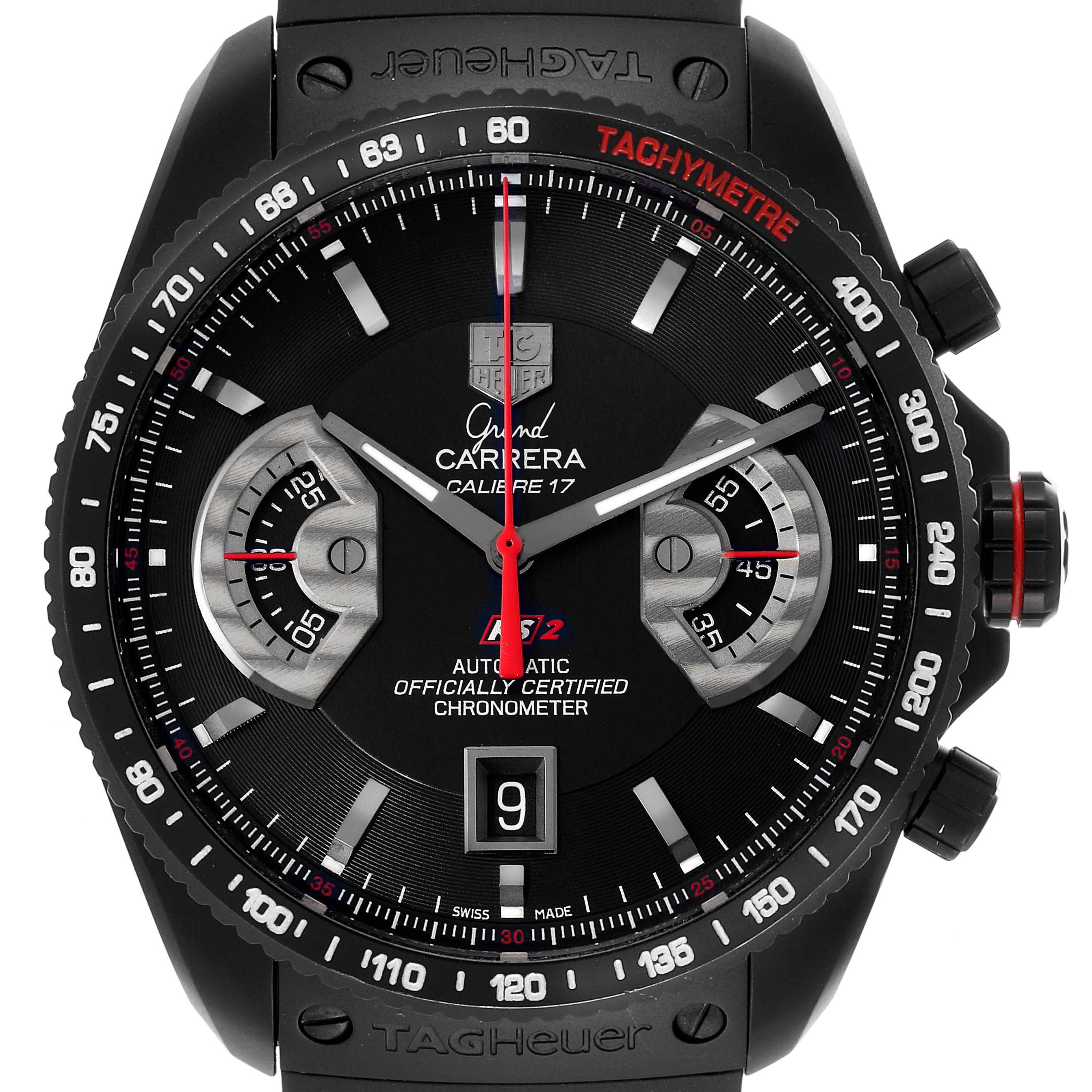 This image shows a close-up, front-facing view of the Tag Heuer Carrera CAV518B.FT6016 Men's Titanium Black Dial CAV518B.FT6016 Men's Titanium Black Dial Calibre 17 watch, highlighting the dial and bezel.