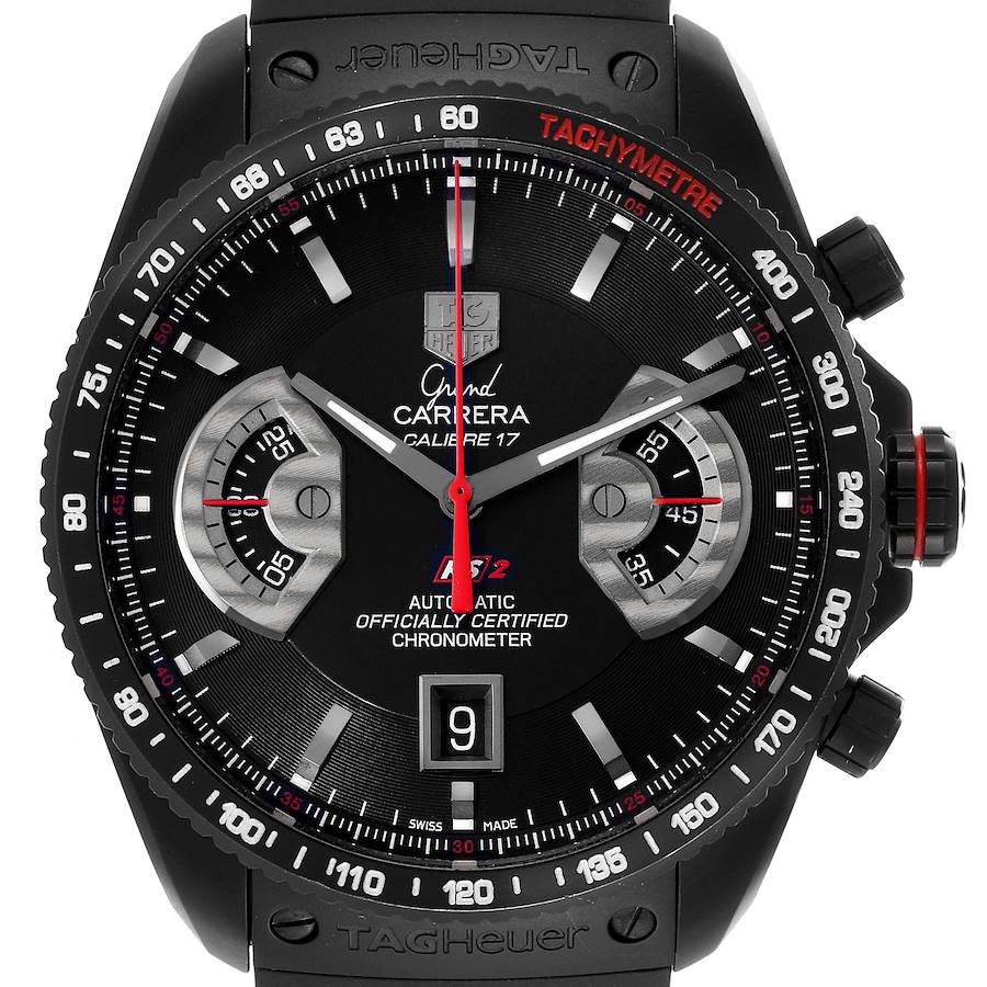 This image shows a close-up, front-facing view of the Tag Heuer Carrera Calibre 17 watch, highlighting the dial and bezel.