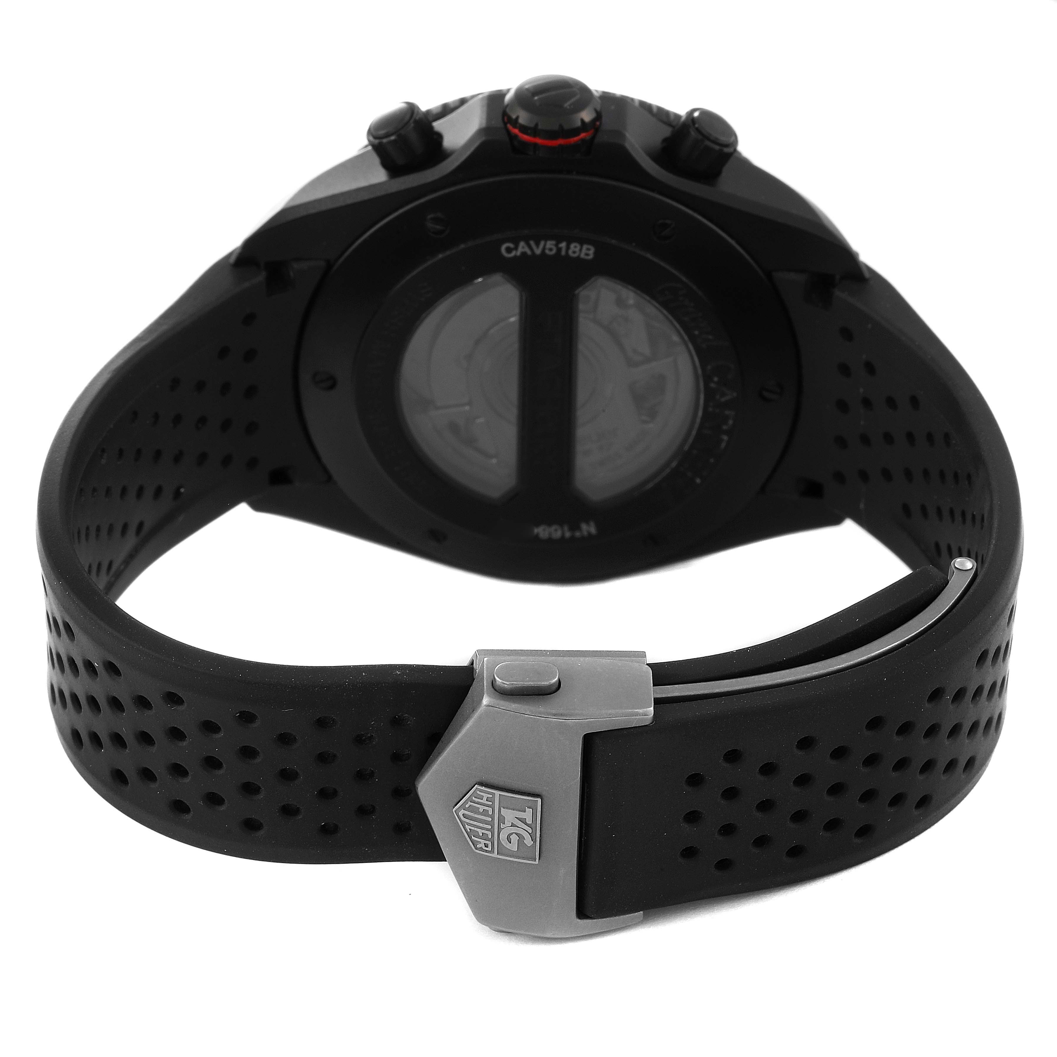 The image shows the back view of a Tag Heuer Carrera CAV518B.FT6016 Men's Titanium Black Dial CAV518B.FT6016 Men's Titanium Black Dial watch, focusing on the case back and band clasp.