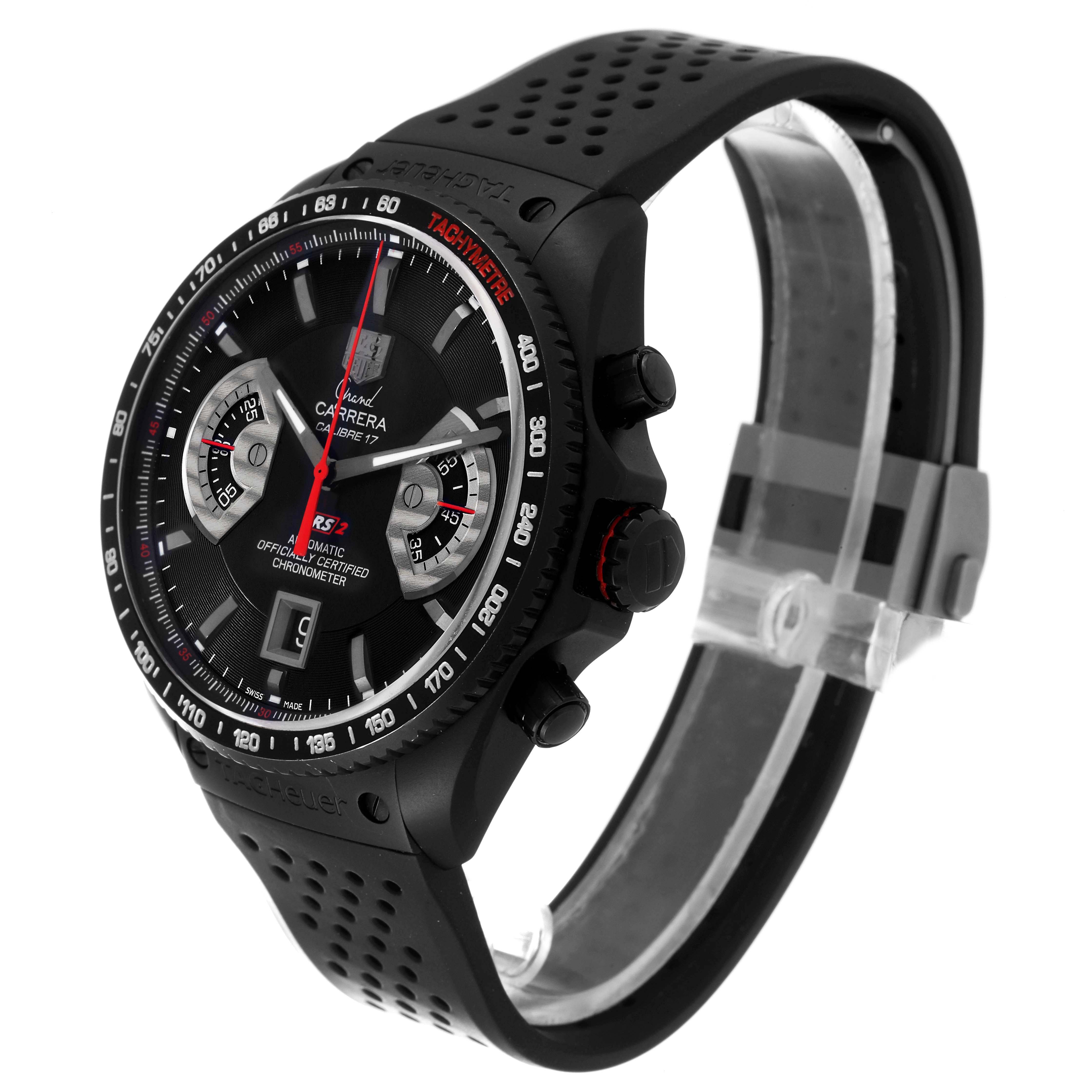 This image shows a side-angle view of the Tag Heuer Carrera CAV518B.FT6016 Men's Titanium Black Dial CAV518B.FT6016 Men's Titanium Black Dial watch, highlighting its face, chronograph dials, and rubber strap.