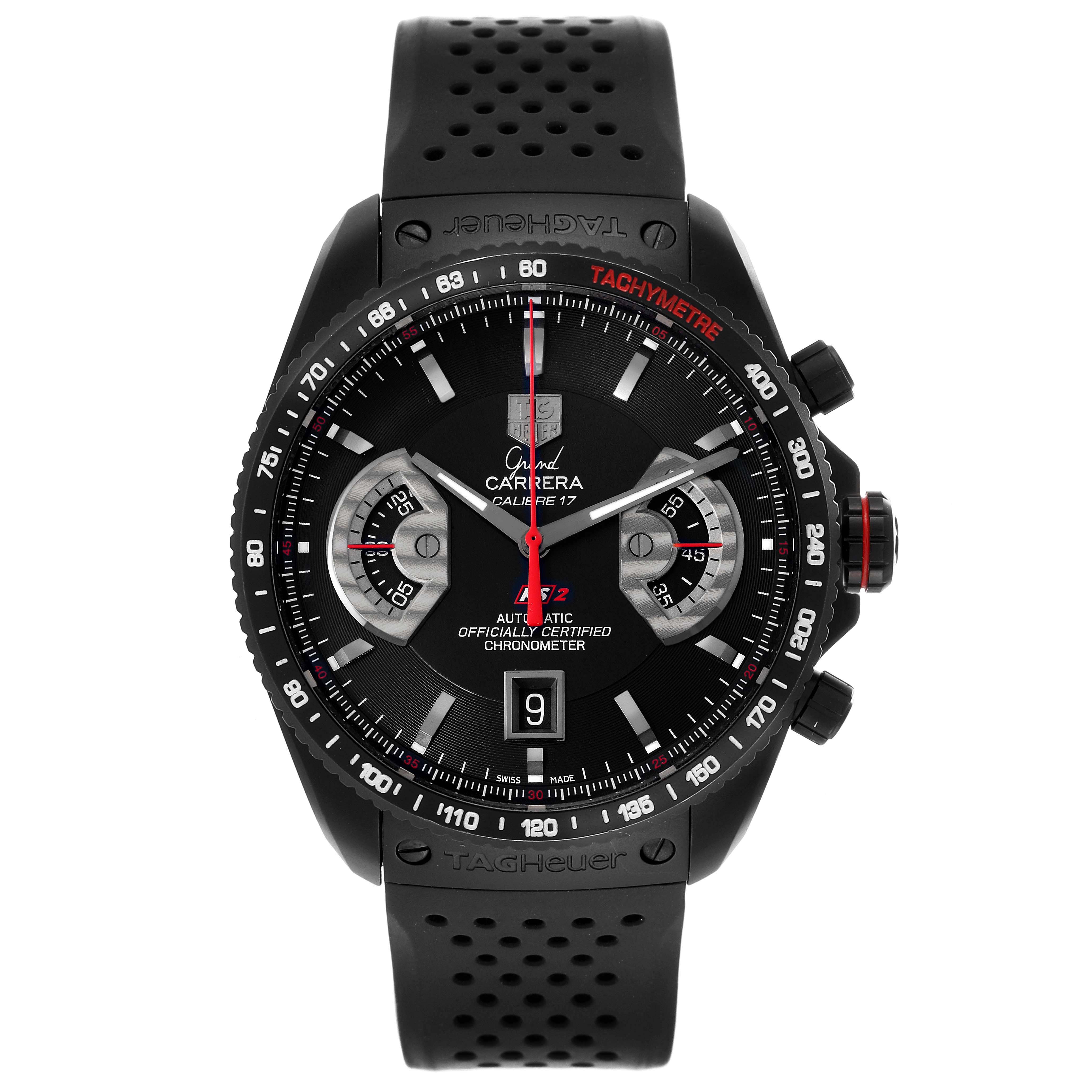 The image shows a front view of the Tag Heuer Carrera CAV518B.FT6016 Men's Titanium Black Dial CAV518B.FT6016 Men's Titanium Black Dial Calibre 17 watch with visible dial, bezel, strap, and crown.