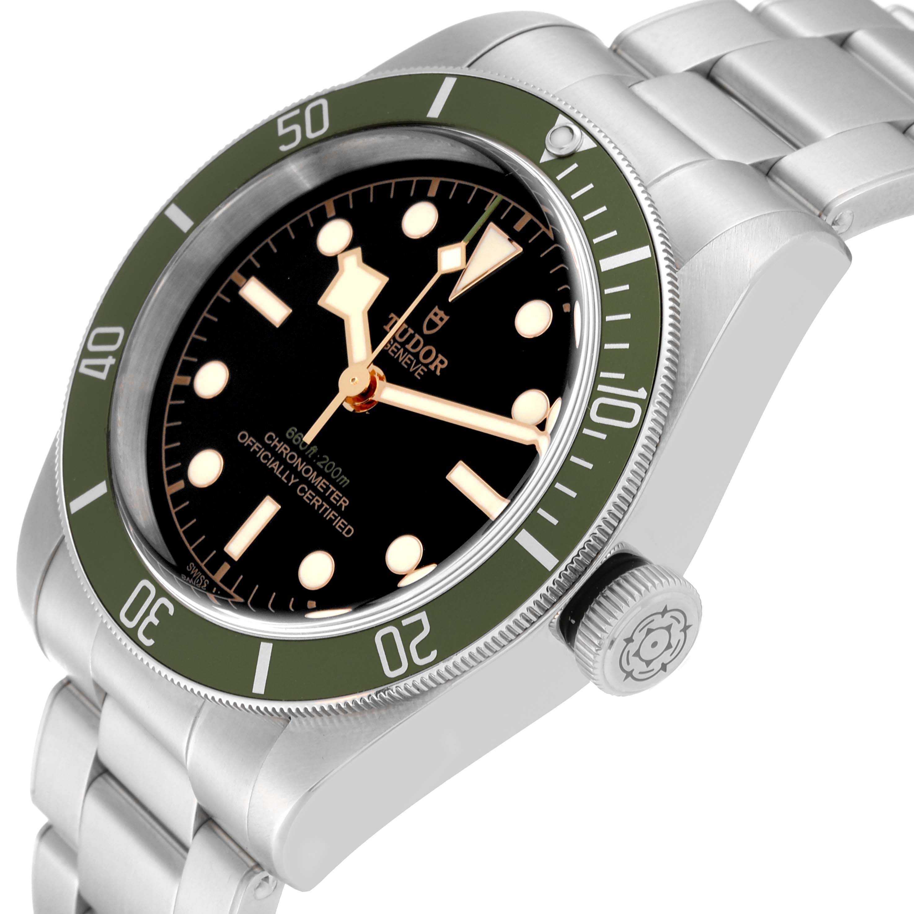 The image shows a Tudor Heritage Black Bay 79230G Men's Stainless Steel Black Dial 79230G Men's Stainless Steel Black Dial watch angled to display the face, bezel, crown, and part of the bracelet.