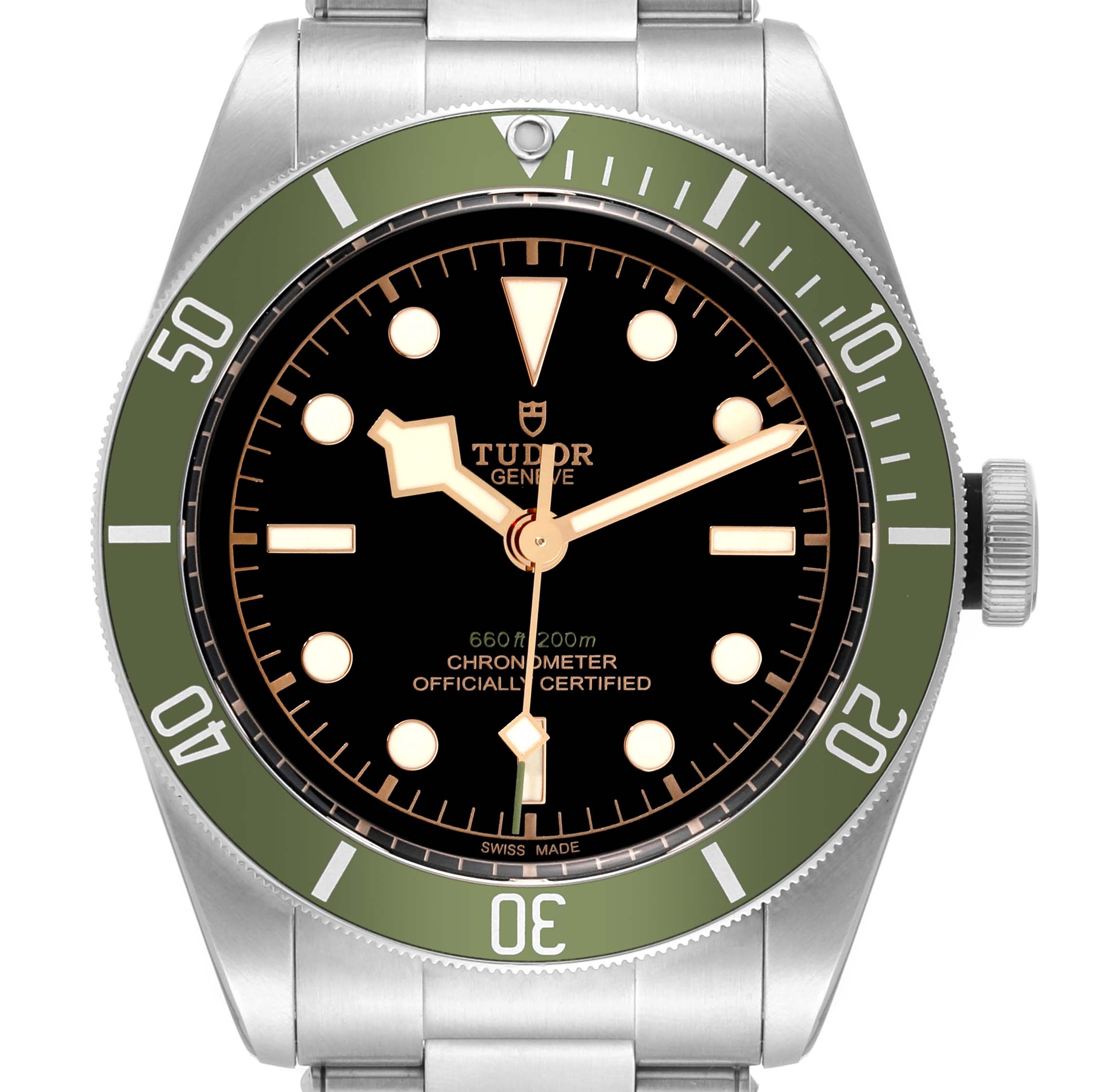 The image shows a frontal view of the Tudor Heritage Black Bay 79230G Men's Stainless Steel Black Dial 79230G Men's Stainless Steel Black Dial watch, highlighting its face, bezel, and bracelet.