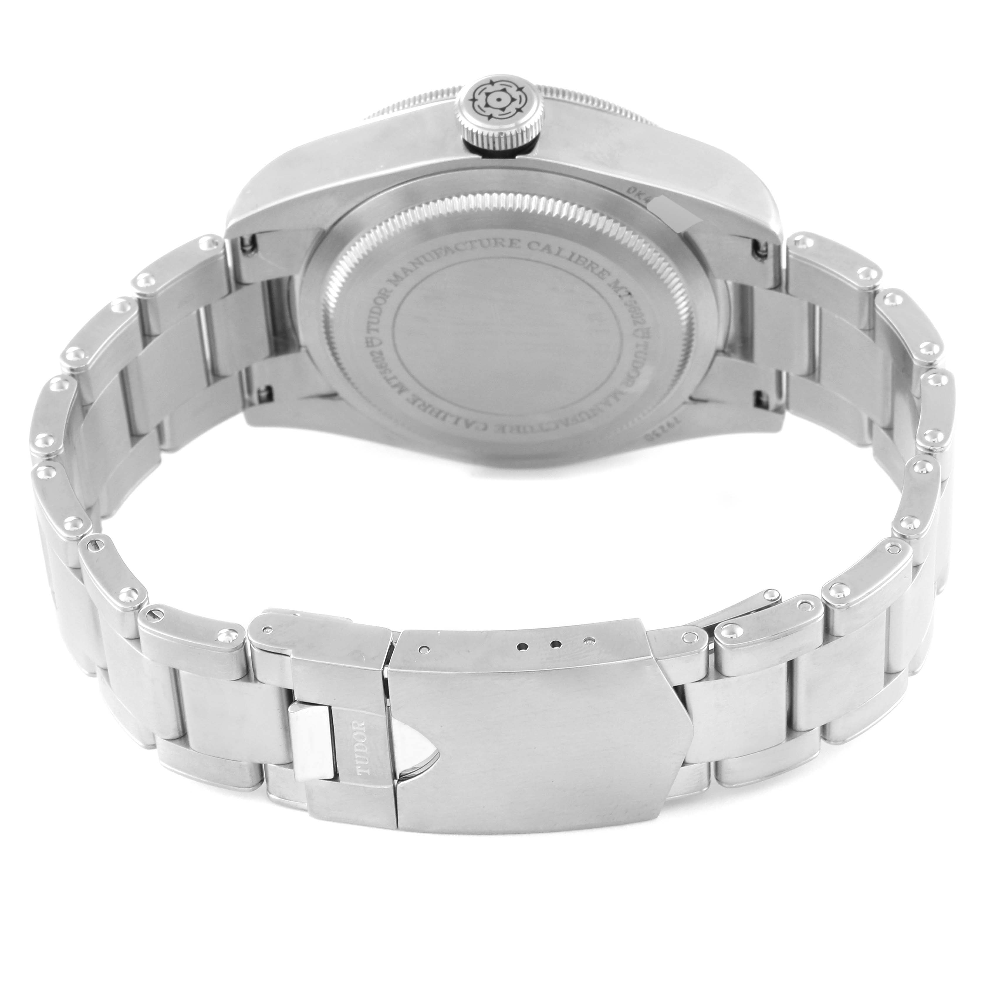 This image shows the back view of a Tudor Heritage Black Bay 79230G Men's Stainless Steel Black Dial 79230G Men's Stainless Steel Black Dial watch, highlighting the stainless steel case and bracelet.