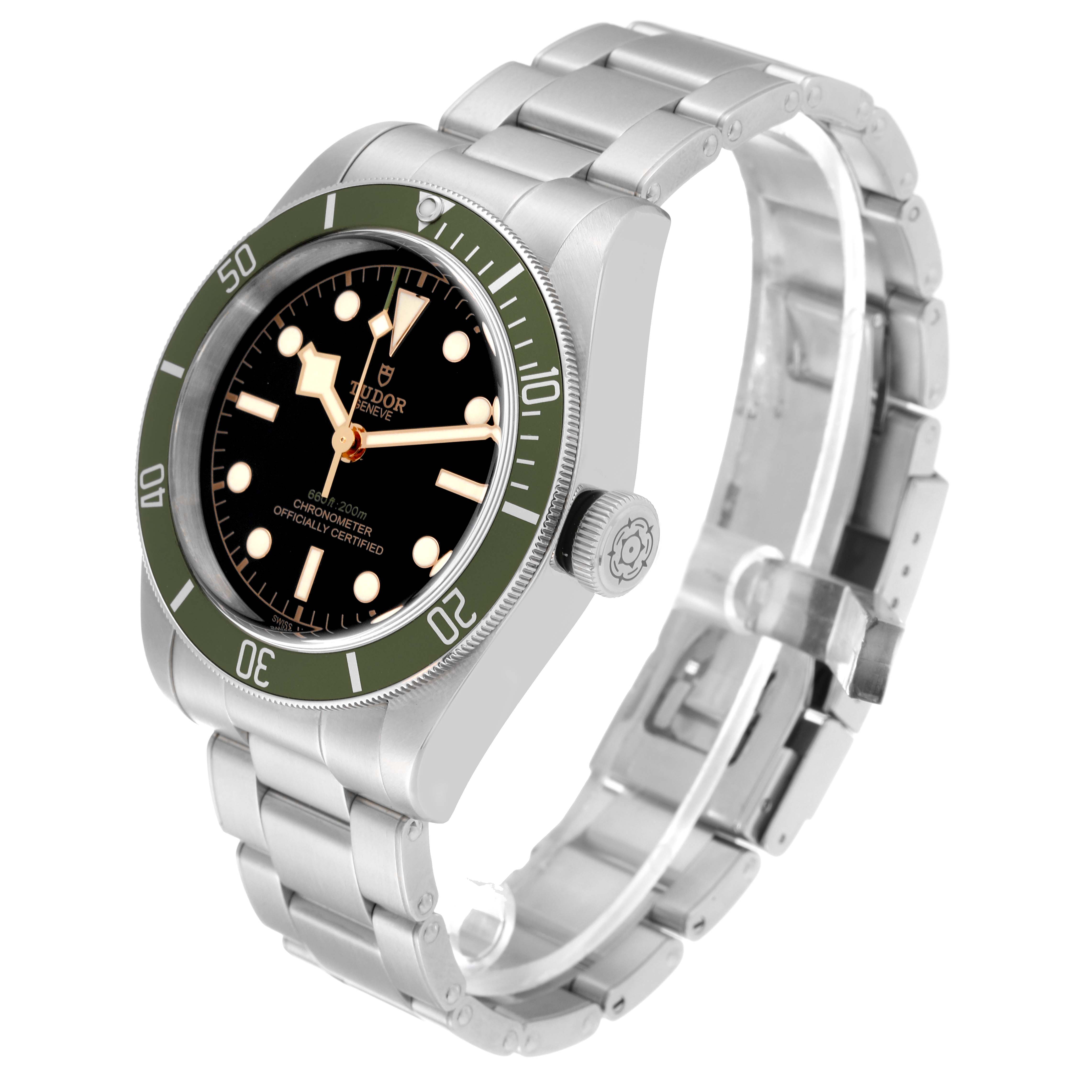 The image shows a Tudor Heritage Black Bay 79230G Men's Stainless Steel Black Dial 79230G Men's Stainless Steel Black Dial watch from a three-quarter angle, highlighting its dial, bezel, case, and bracelet.