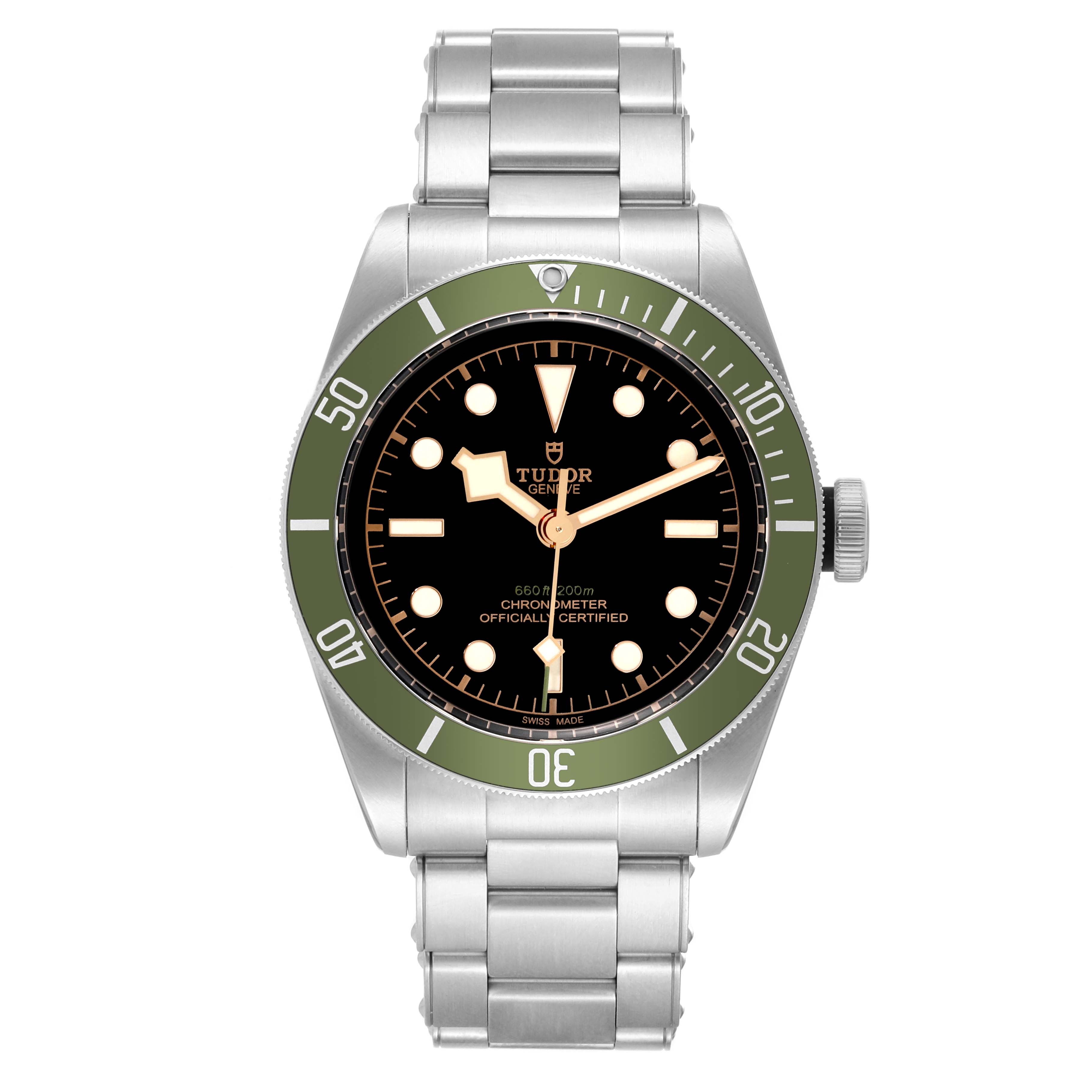 The image shows a front view of the Tudor Heritage Black Bay 79230G Men's Stainless Steel Black Dial 79230G Men's Stainless Steel Black Dial watch, including its green bezel, black dial, and stainless steel bracelet.