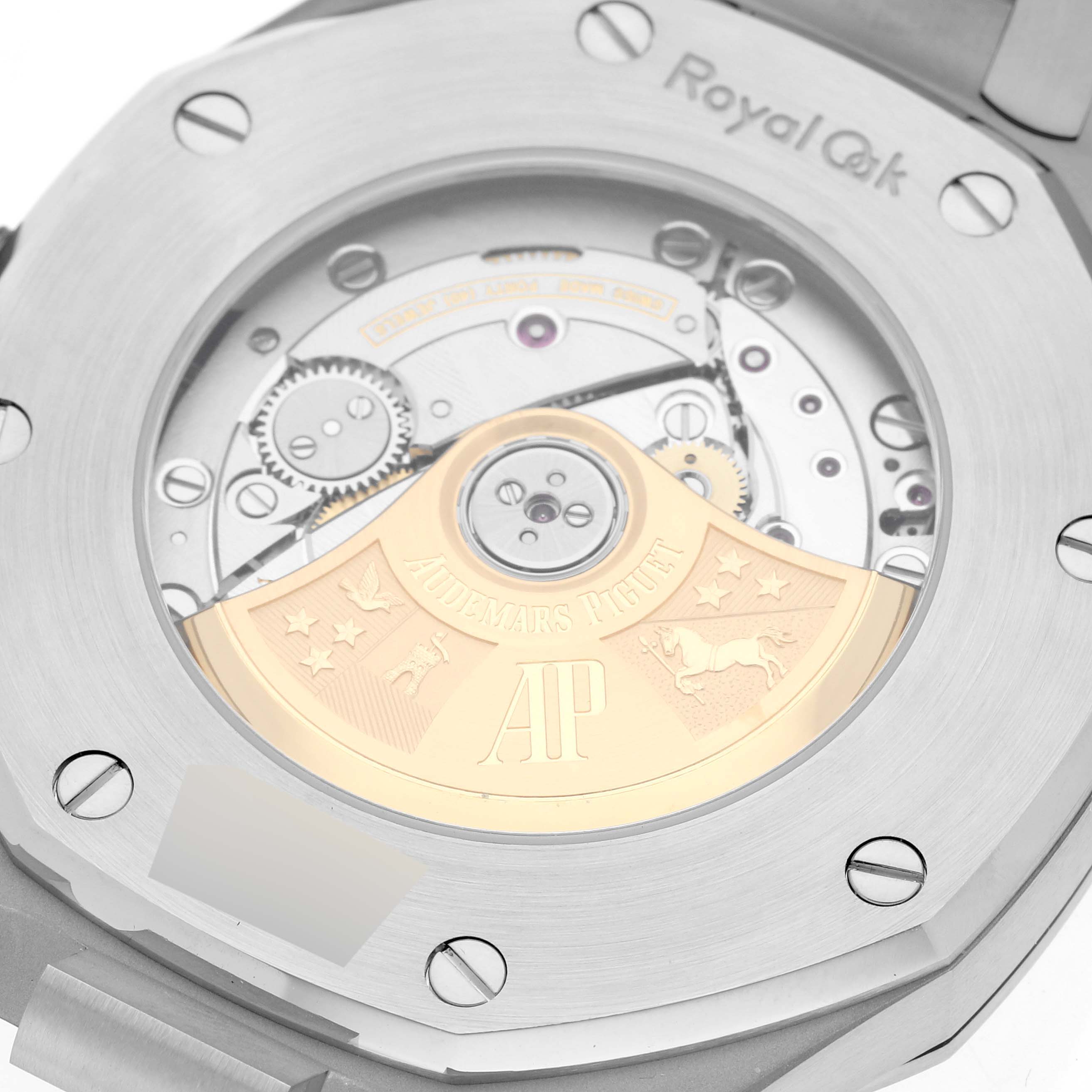 This image shows the back view of the Royal Oak watch by Audemars Piguet, highlighting its movement and intricate details.