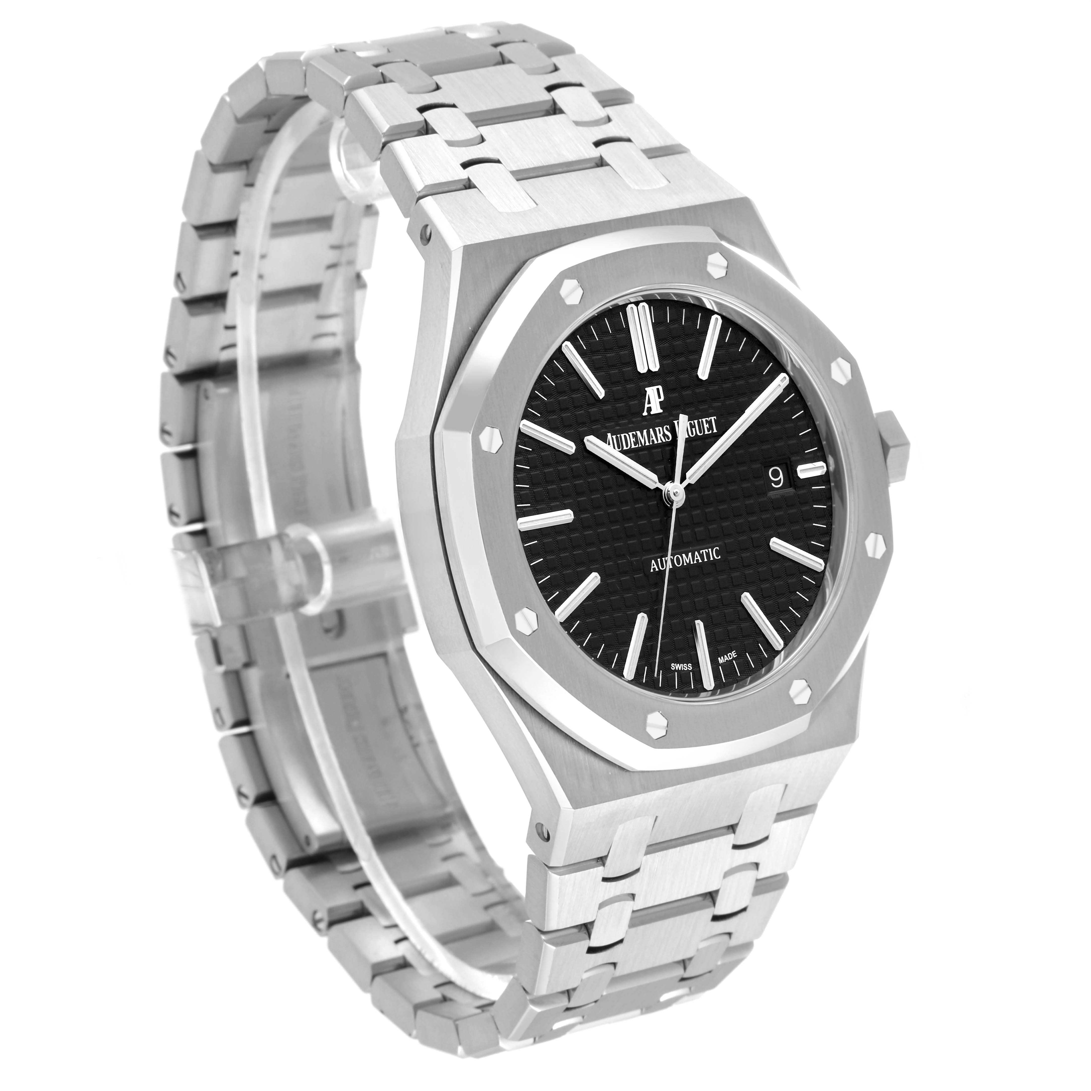 The image shows a side view of the Royal Oak model by Audemars Piguet, highlighting the watch face, bracelet, and clasp.