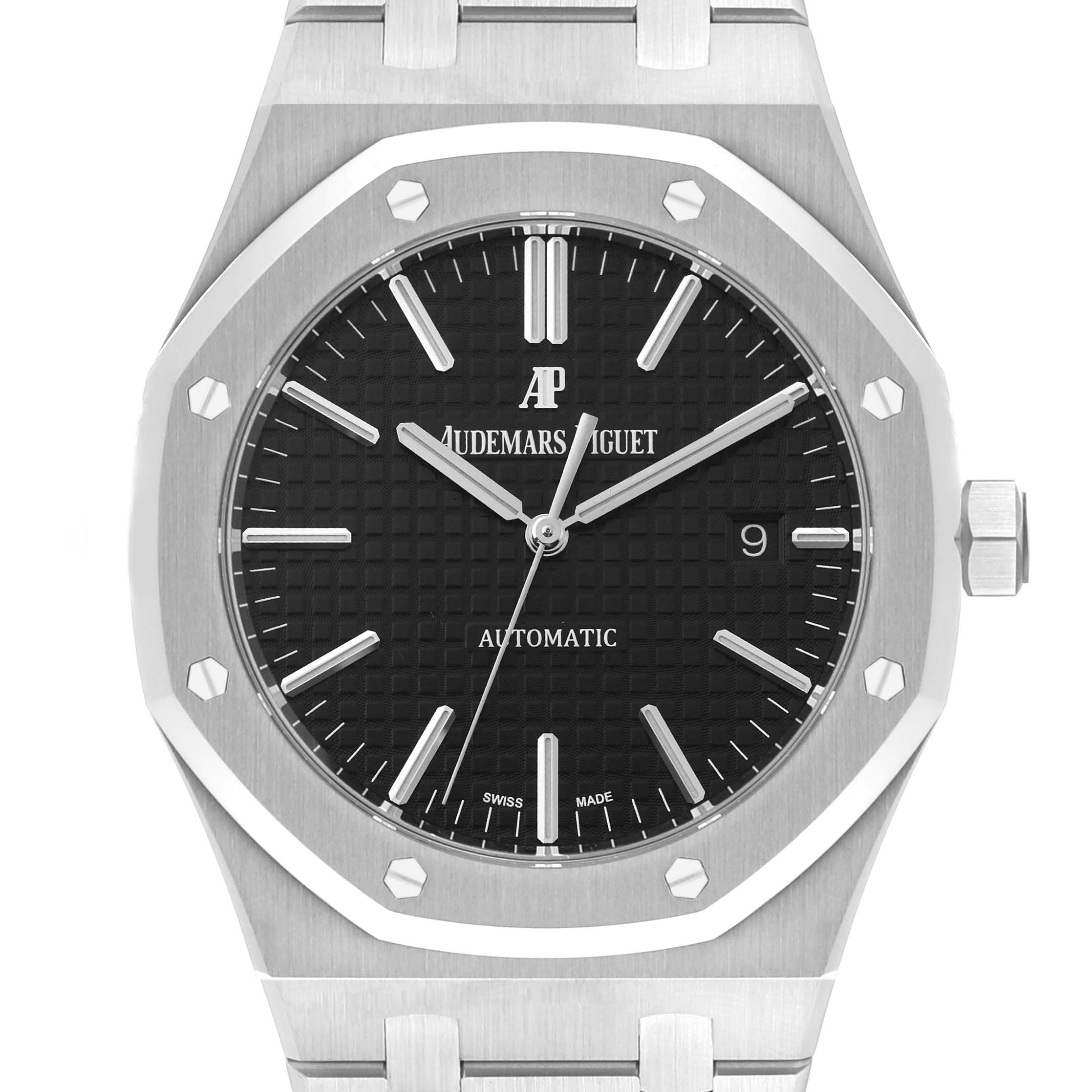 The image shows a frontal view of the dial and bezel of the Audemars Piguet Royal Oak 15400ST.OO.1220ST.01 Men's Stainless Steel Black Dial 15400ST.OO.1220ST.01 Men's Stainless Steel Black Dial watch.