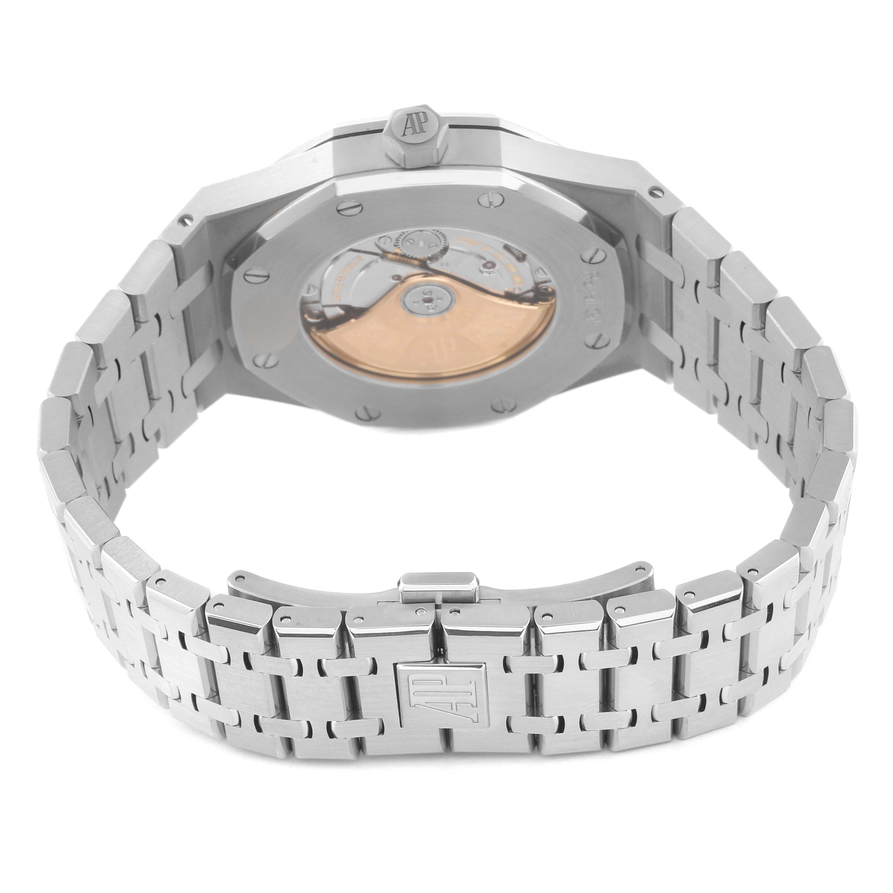 The image shows the back view of the Audemars Piguet Royal Oak 15400ST.OO.1220ST.01 Men's Stainless Steel Black Dial 15400ST.OO.1220ST.01 Men's Stainless Steel Black Dial watch, highlighting the bracelet, clasp, and caseback.