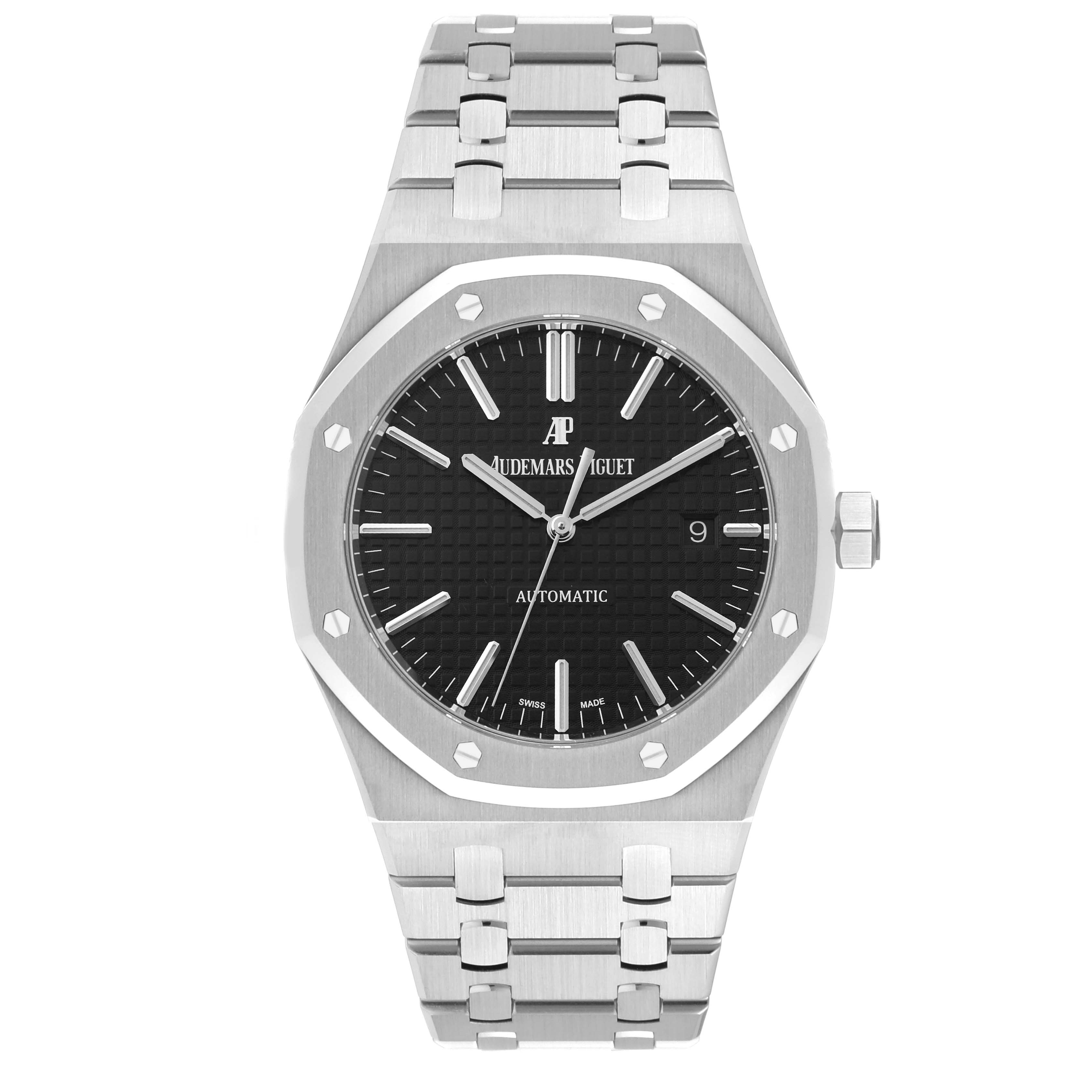 This image shows a front view of an Audemars Piguet Royal Oak 15400ST.OO.1220ST.01 Men's Stainless Steel Black Dial 15400ST.OO.1220ST.01 Men's Stainless Steel Black Dial watch, displaying its dial, bezel, and bracelet.