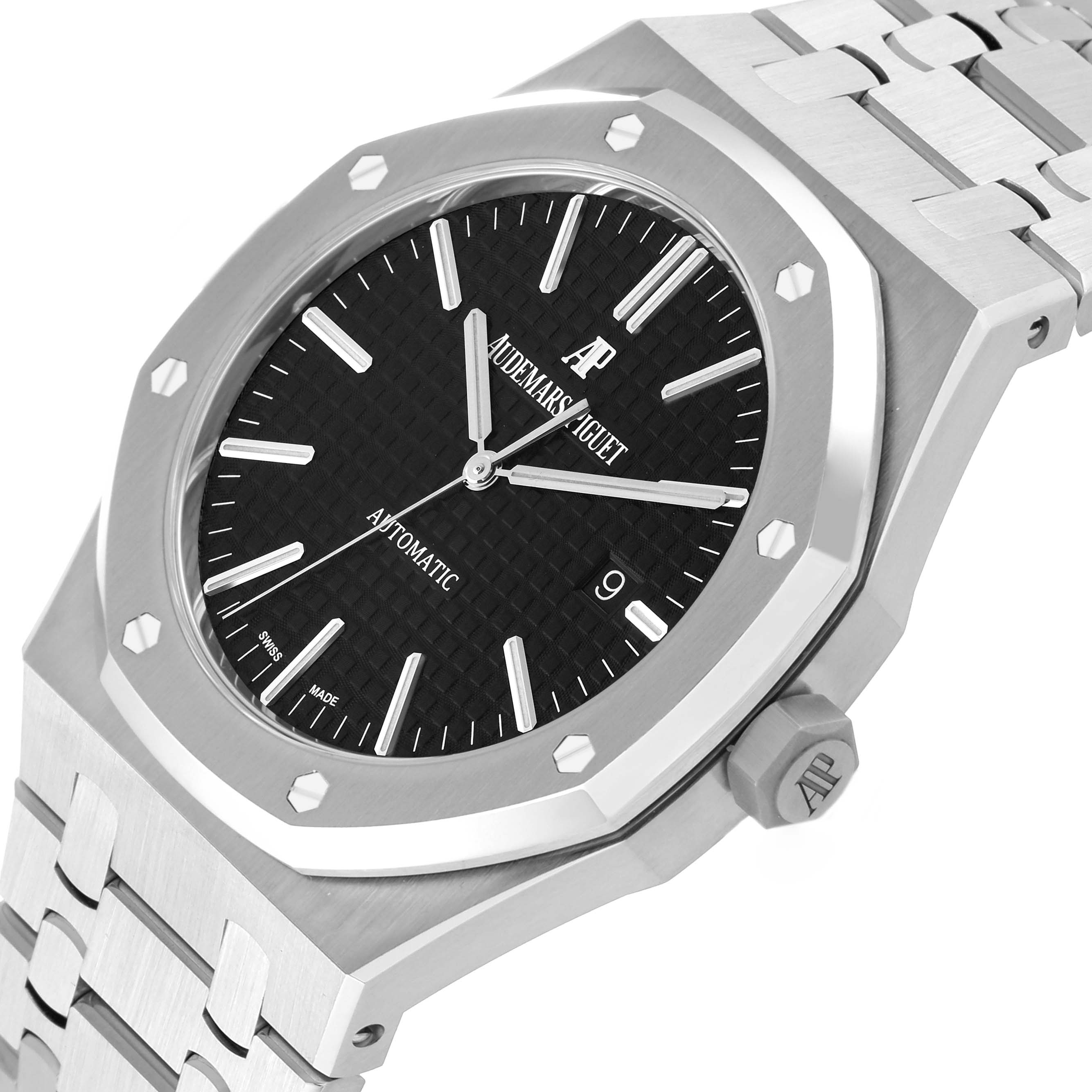 The image shows a close-up angled view of the Audemars Piguet Royal Oak 15400ST.OO.1220ST.01 Men's Stainless Steel Black Dial 15400ST.OO.1220ST.01 Men's Stainless Steel Black Dial watch, highlighting the octagonal bezel, black dial, and part of the bracelet.