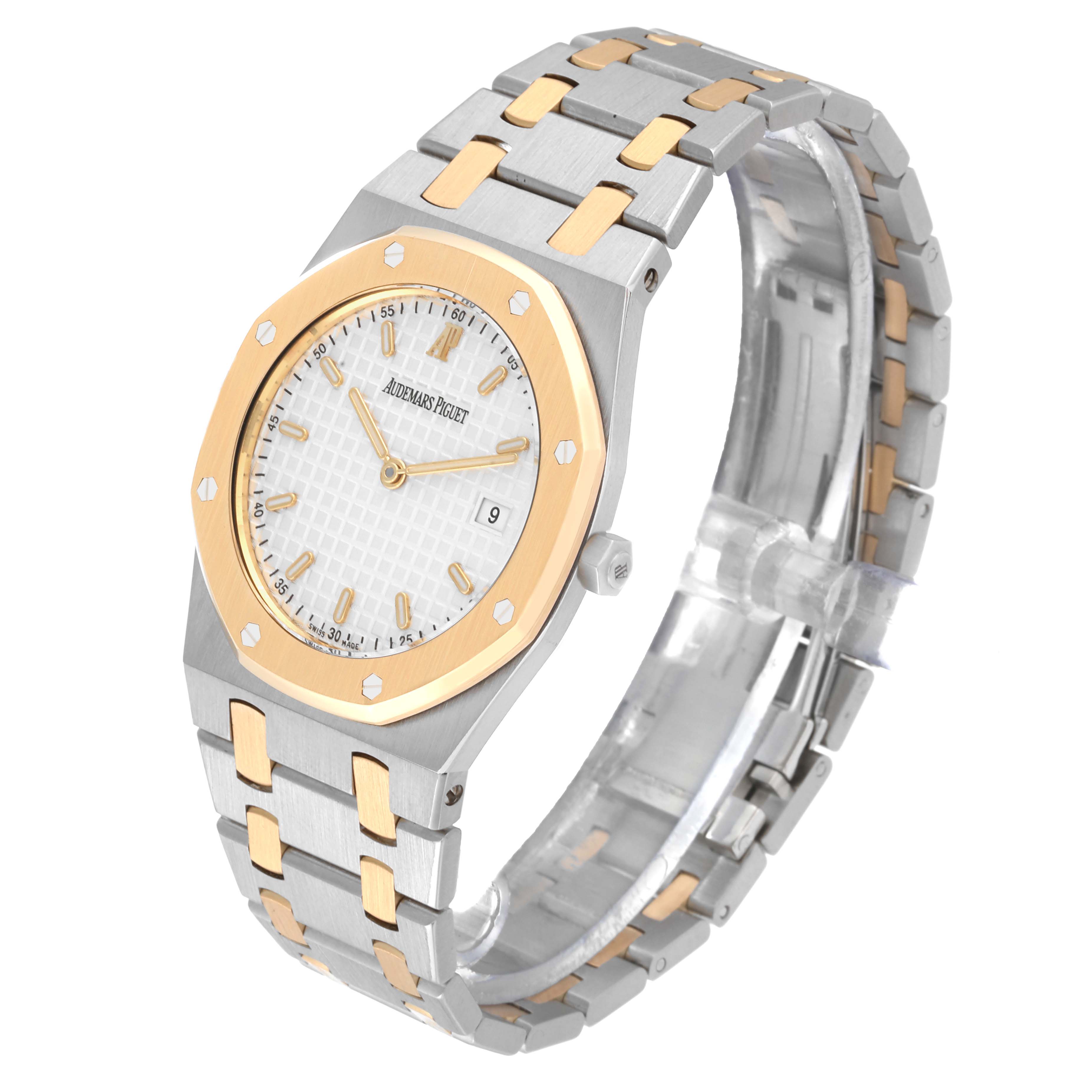 The image shows a side and angled view of the Audemars Piguet Royal Oak 57175SA.OO.0789SA.01 Men's Steel and Gold (two tone) White Dial 57175SA.OO.0789SA.01 Men's Steel and Gold (two tone) White Dial watch, displaying its bracelet and dial.