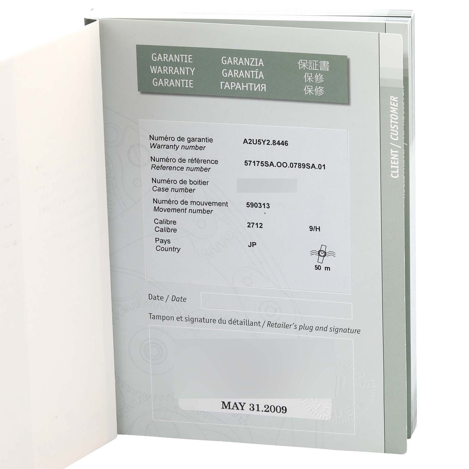 The image shows the warranty booklet of a Royal Oak model by Audemars Piguet, displaying various warranty and reference details.