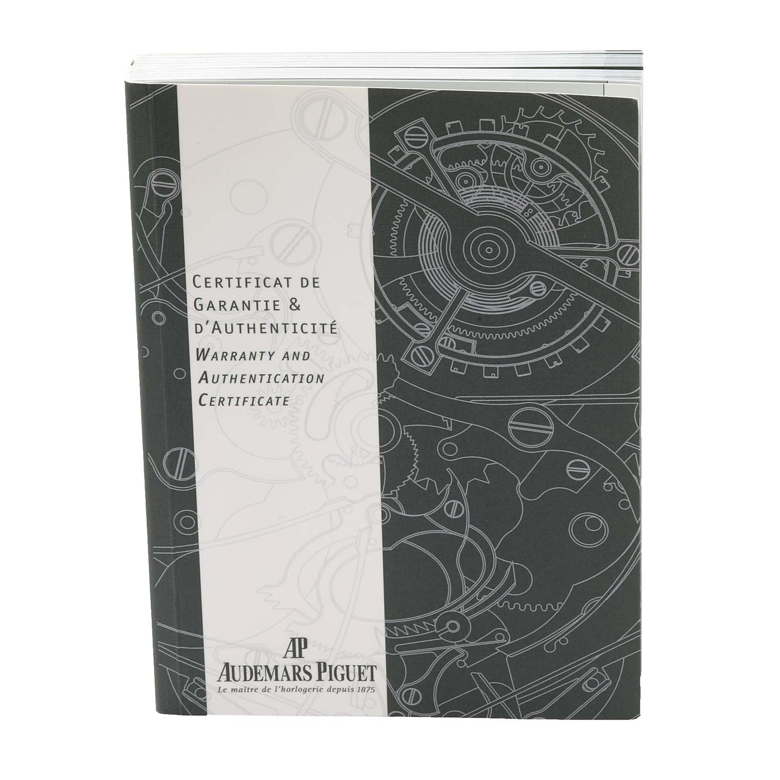 This image shows the warranty and authentication certificate booklet for the Royal Oak model by Audemars Piguet.