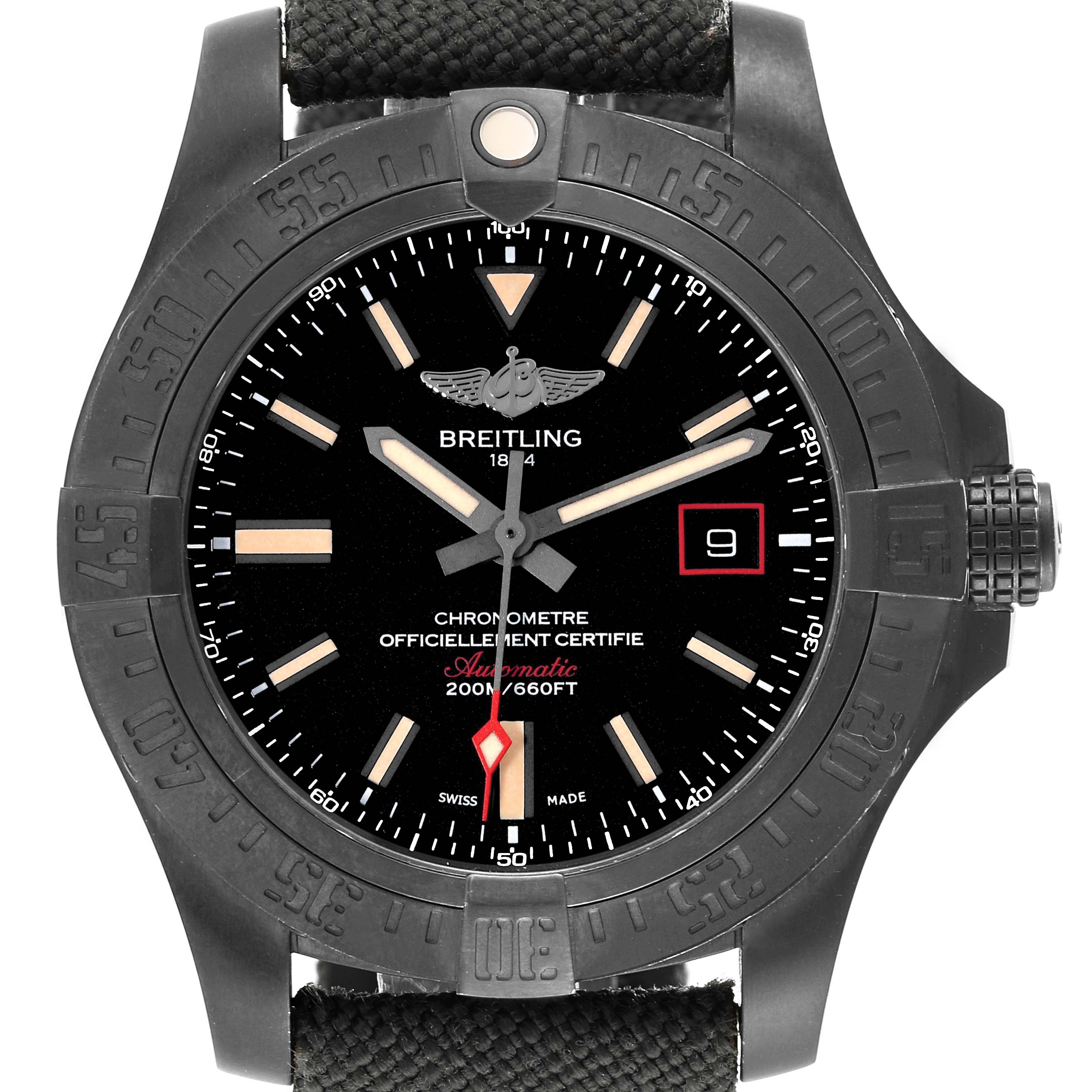 This image shows the front view of a Breitling Avenger V173111 Men's Titanium Black Dial V173111 Men's Titanium Black Dial watch, highlighting the dial, bezel, and strap.
