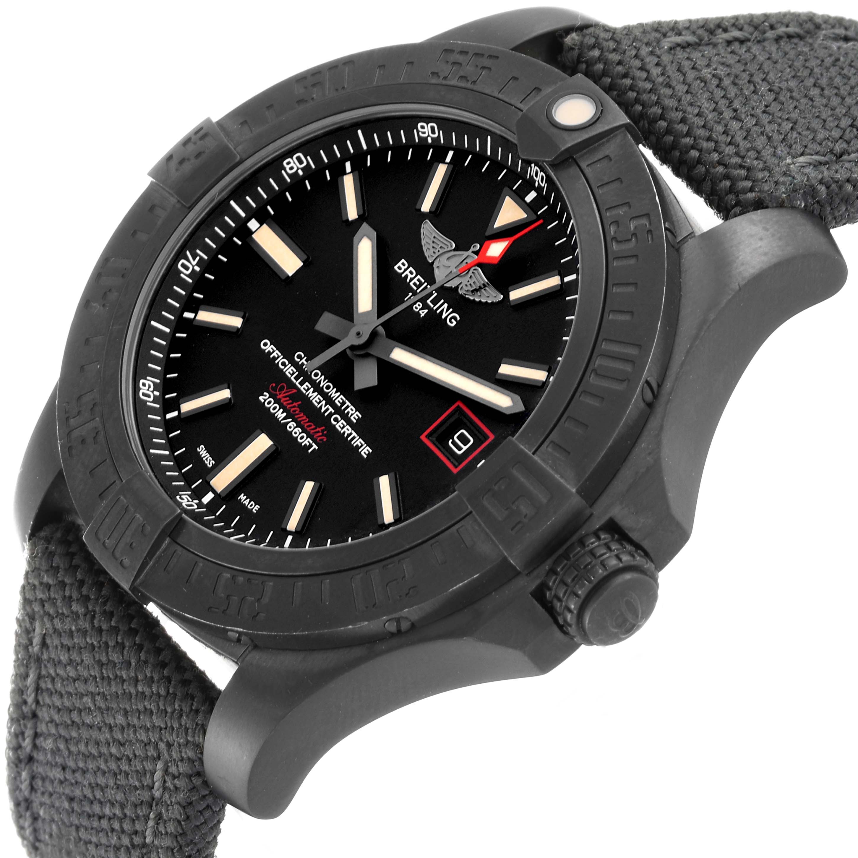 The image shows a Breitling Avenger V173111 Men's Titanium Black Dial V173111 Men's Titanium Black Dial watch at an angle highlighting its dial, bezel, and textured strap.