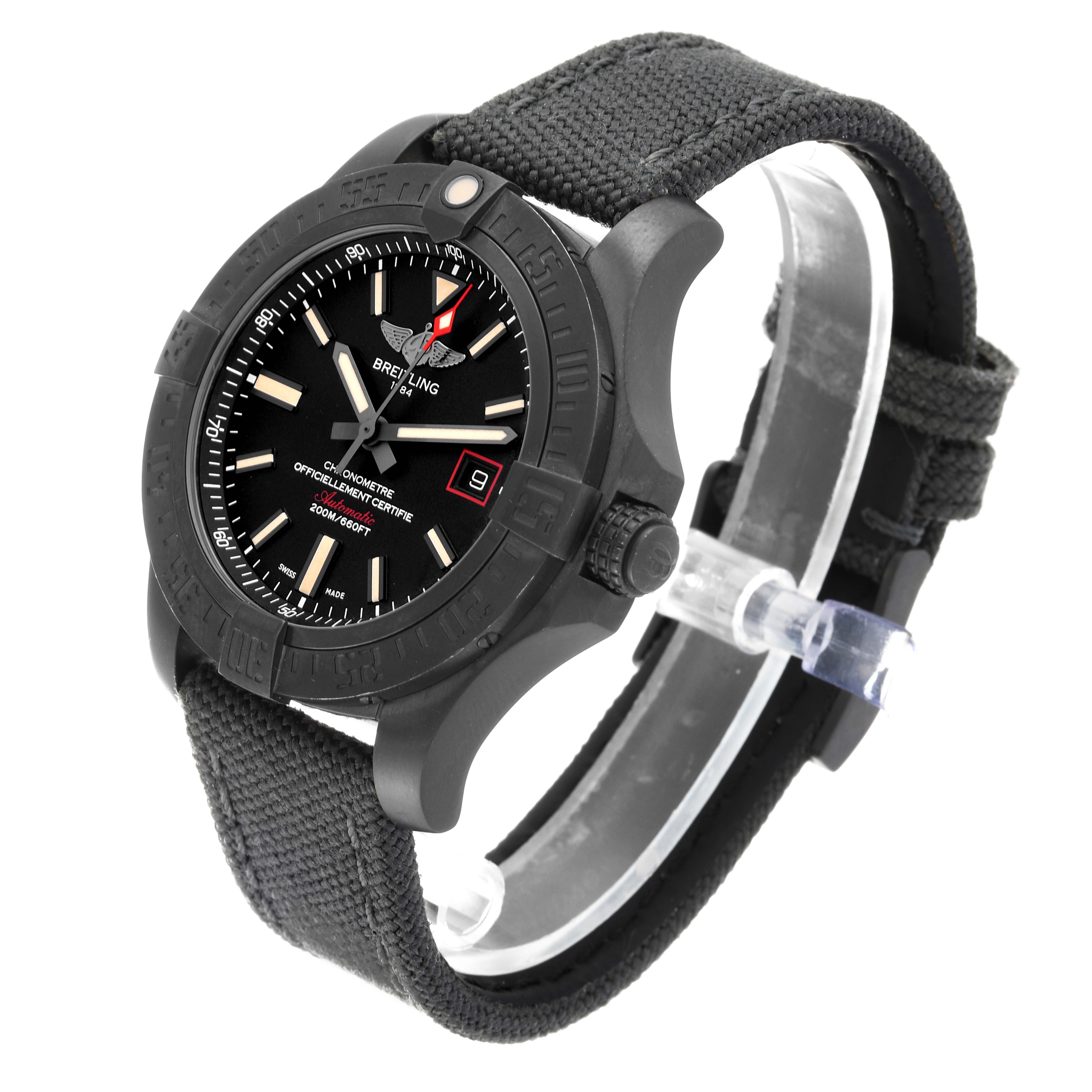 The Breitling Avenger V173111 Men's Titanium Black Dial V173111 Men's Titanium Black Dial watch is shown at an angled side view, displaying its face, case, crown, and textile strap.