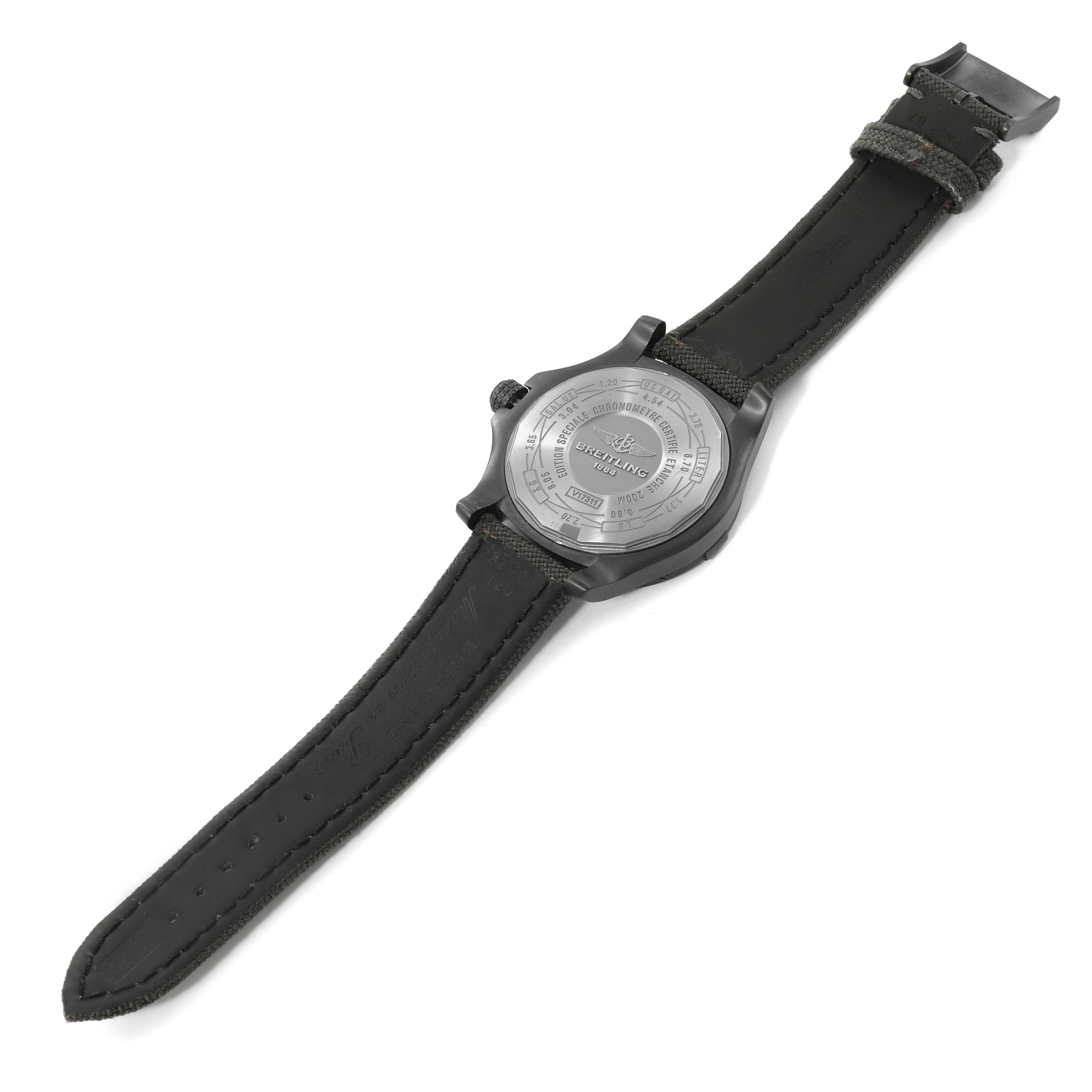 The image shows the backside of the Breitling Avenger V173111 Men's Titanium Black Dial V173111 Men's Titanium Black Dial watch, displaying its case back and leather strap.