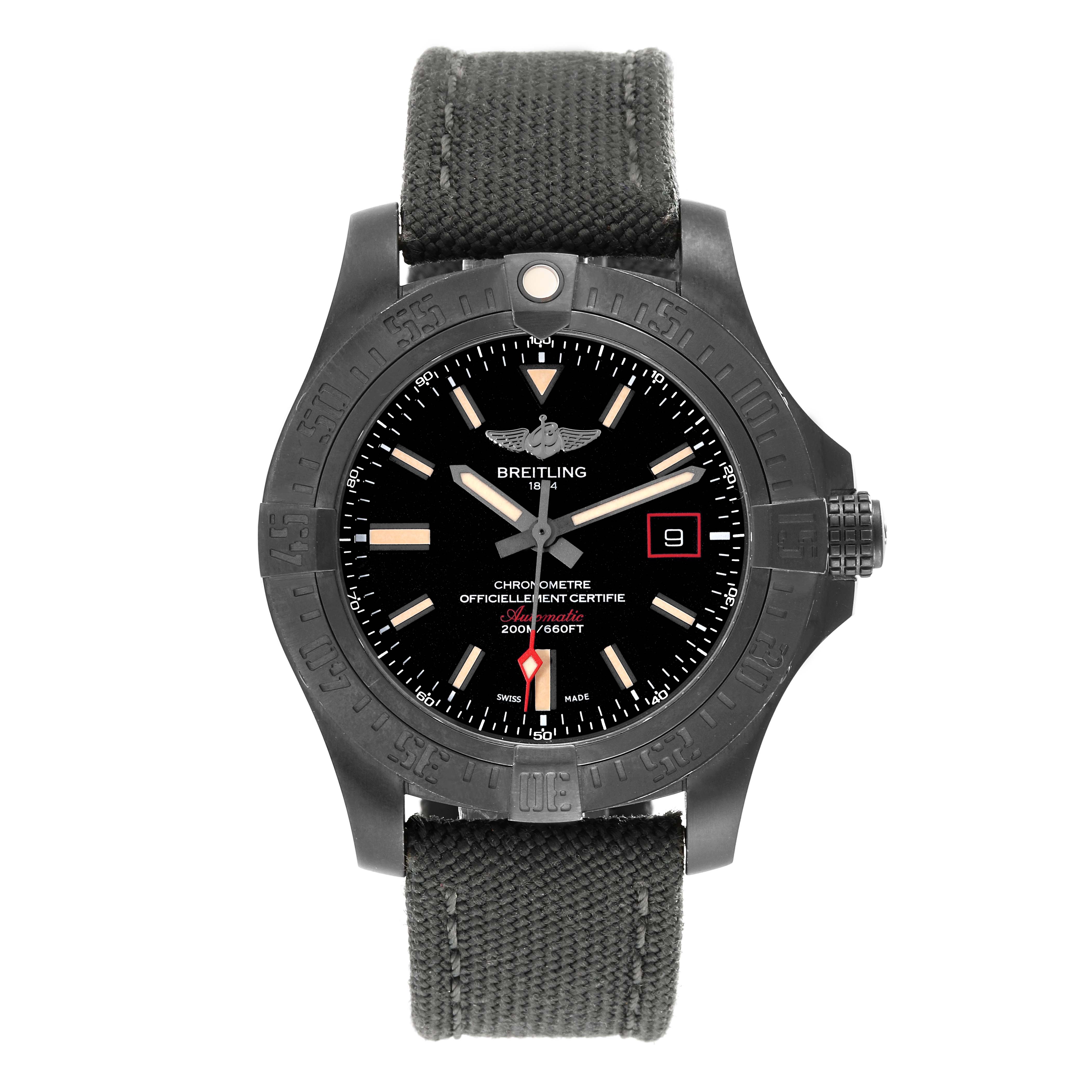 The image shows a front view of the Breitling Avenger V173111 Men's Titanium Black Dial V173111 Men's Titanium Black Dial watch, displaying the dial, bezel, and strap.