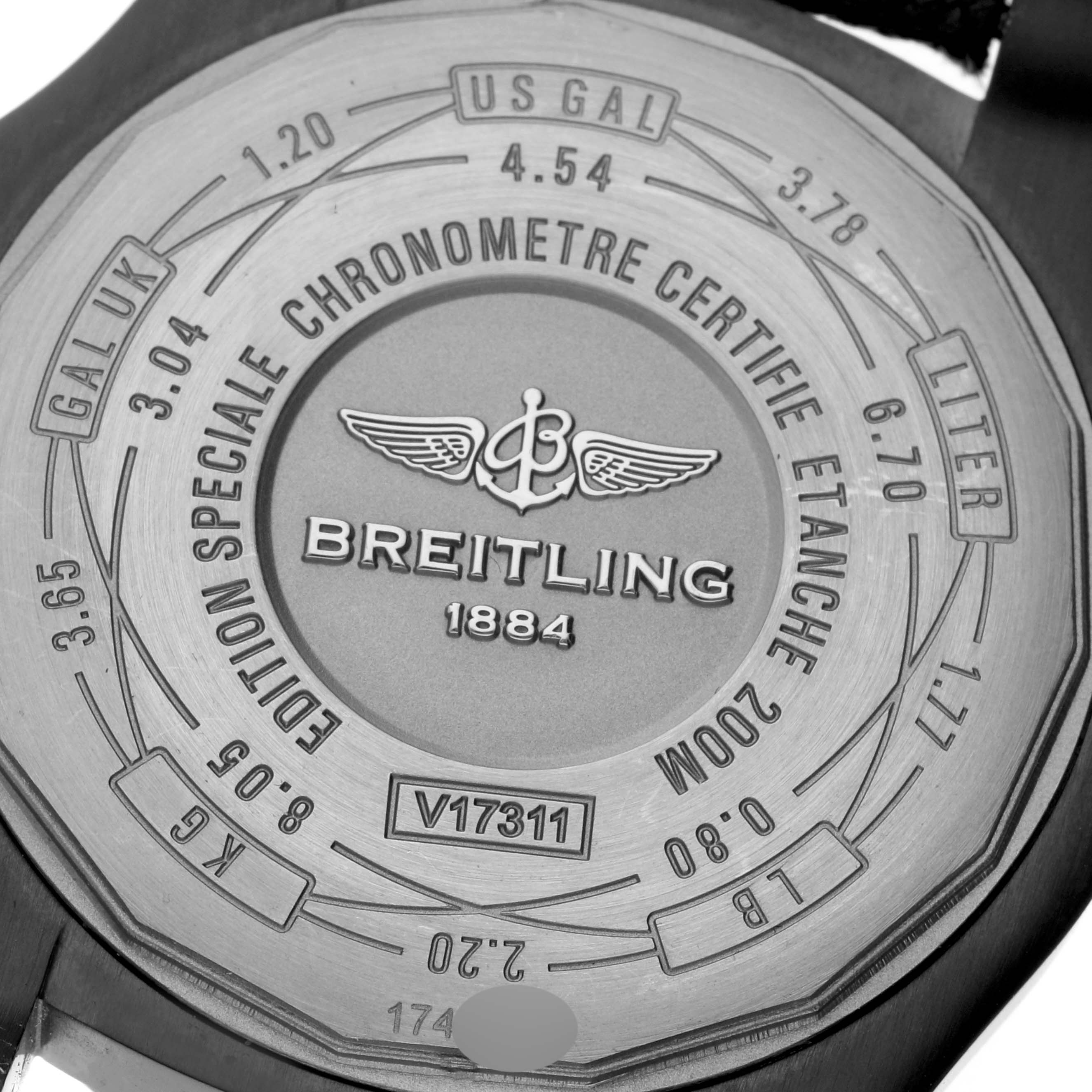 The image shows the engraved case back of a Breitling Avenger V173111 Men's Titanium Black Dial V173111 Men's Titanium Black Dial watch, highlighting model details and measurements.