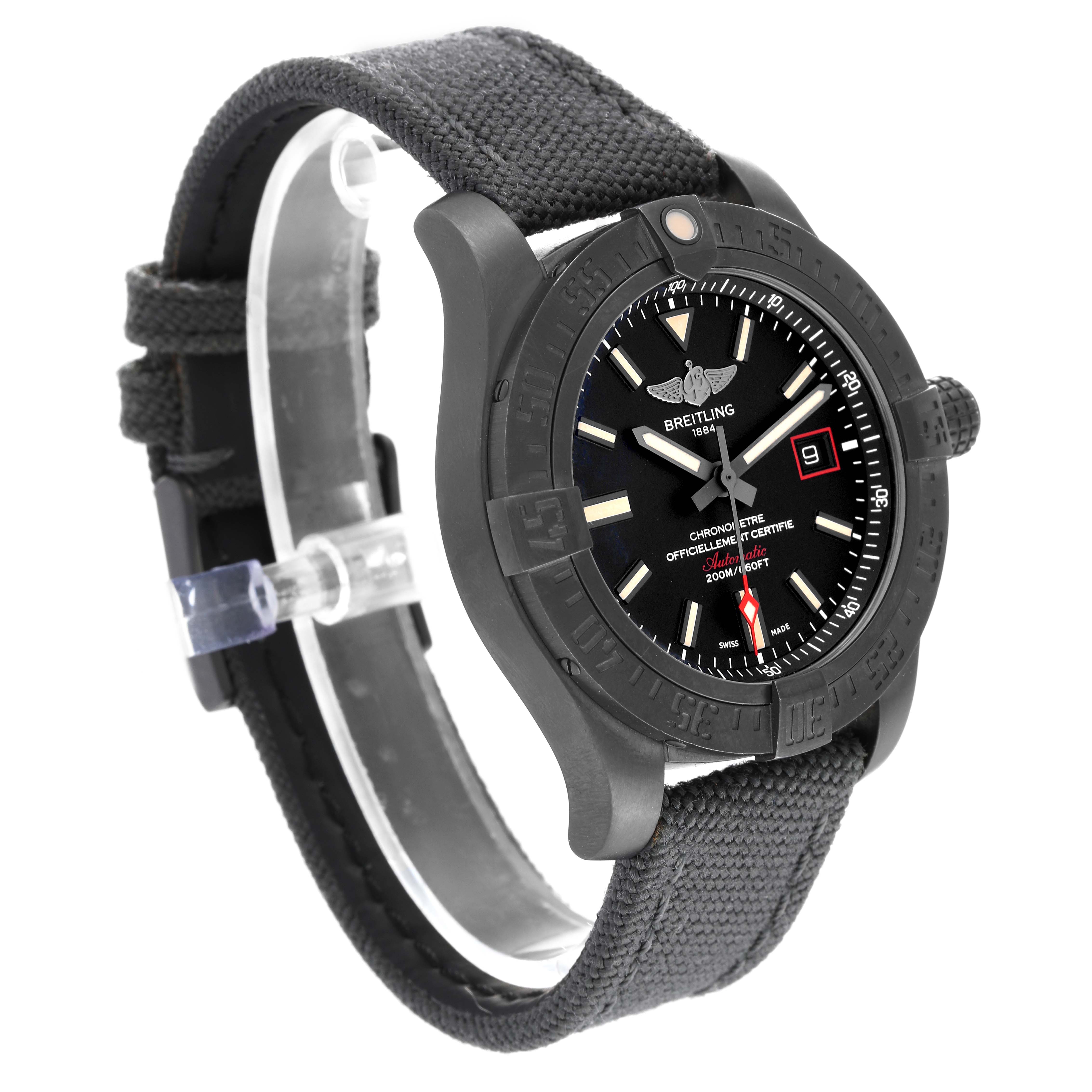 The image shows a side angle of a Breitling Avenger V173111 Men's Titanium Black Dial V173111 Men's Titanium Black Dial watch, highlighting the black dial, bezel, and fabric strap.