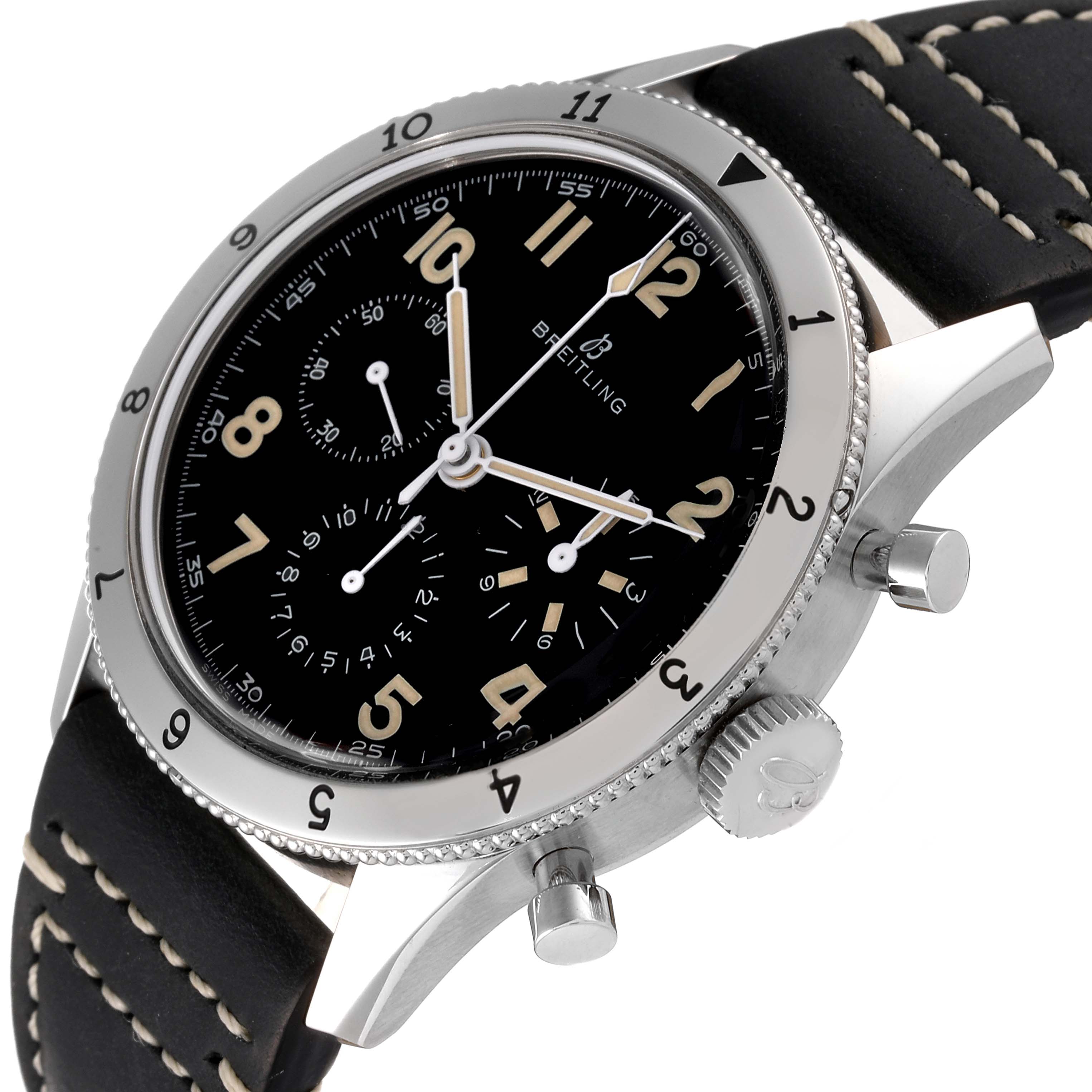 This Breitling Navitimer watch is shown at an oblique angle, highlighting the face, crown, and chronograph pushers.