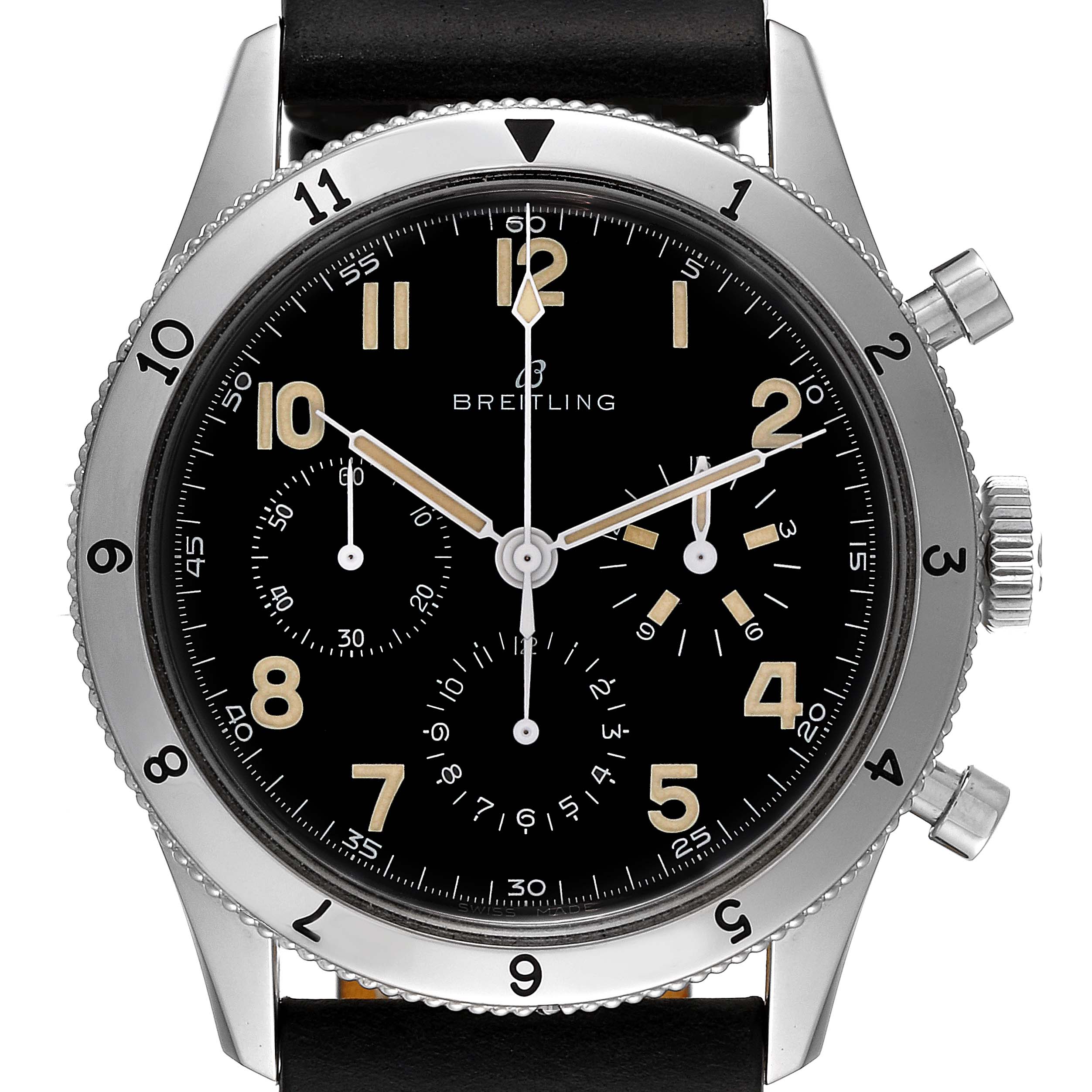 The image shows a front view of a Breitling Aviator AB0920.131B1X1 Men
s Stainless Steel Black Dial AB0920.131B1X1 Men
s Stainless Steel Black Dial watch, highlighting its dial, bezel, hands, and pushers.