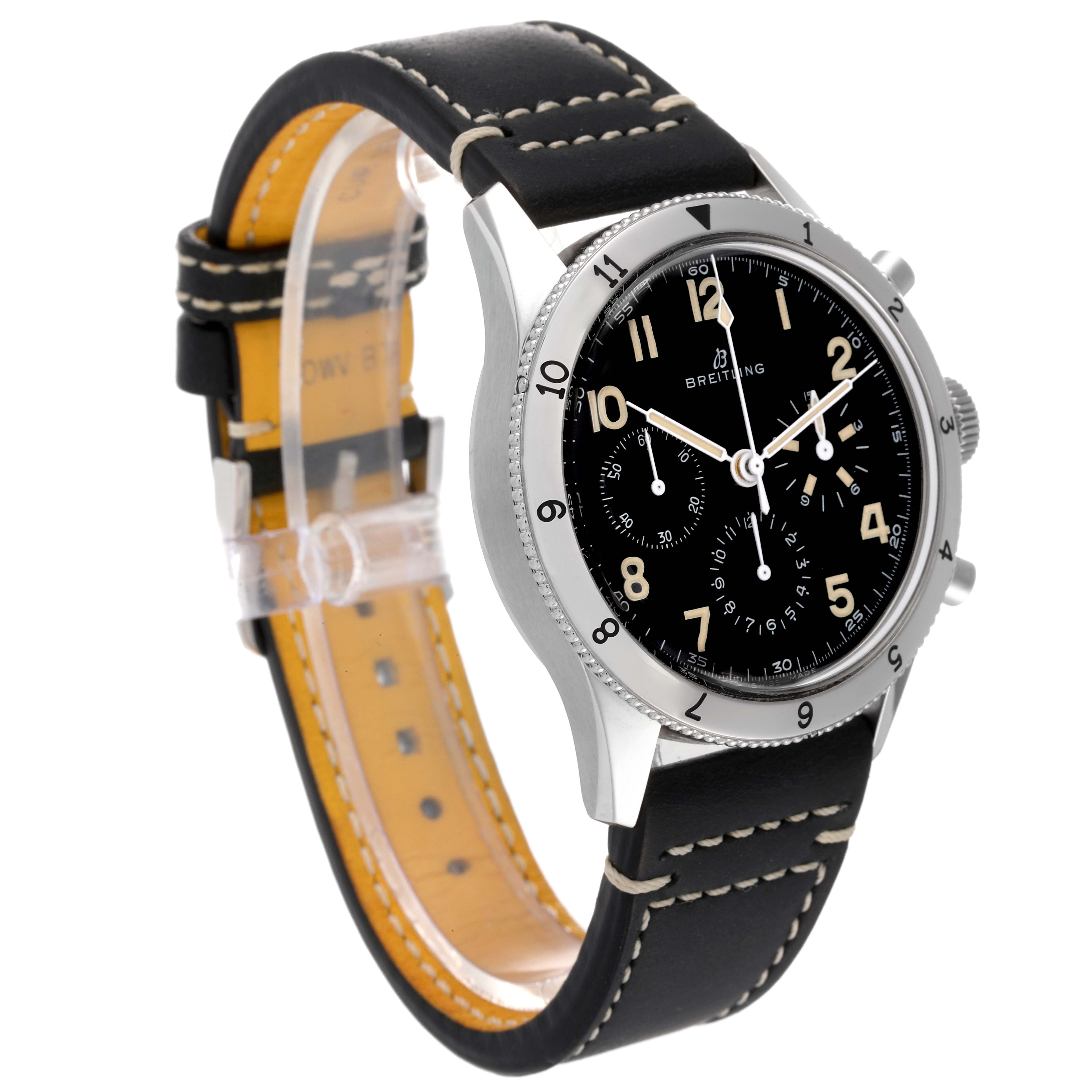 This Breitling Navitimer watch is shown at an angle highlighting the front dial, bezel, and black leather strap with contrast stitching.