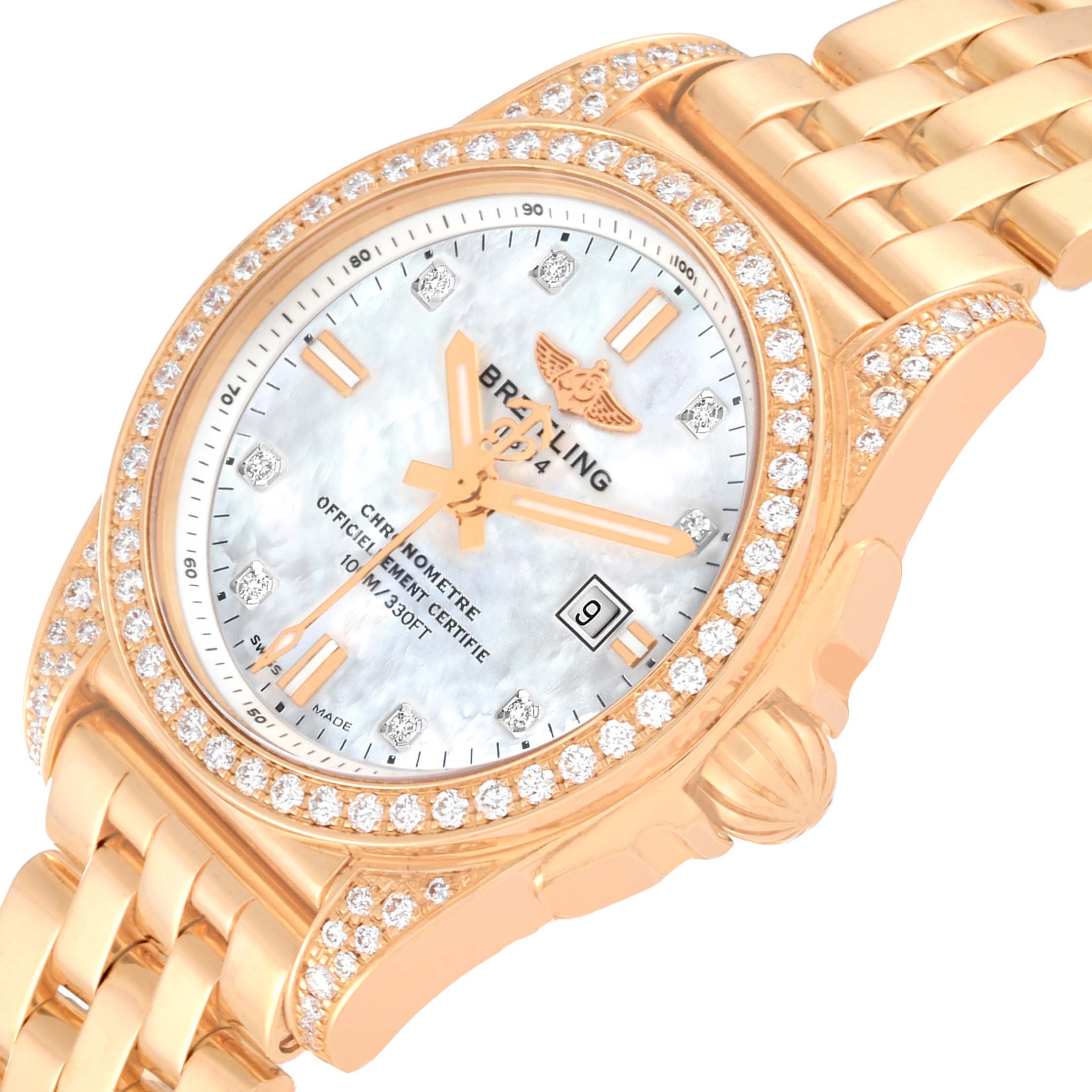 The image shows a Breitling H72348 Women's Rose Gold Mother of Pearl Dial H72348 Women's Rose Gold Mother of Pearl Dial Galactic 29 Mother of Pearl Dial Rose Gold Diamond Ladies Watch with the dial, bezel, and part of the bracelet visible.