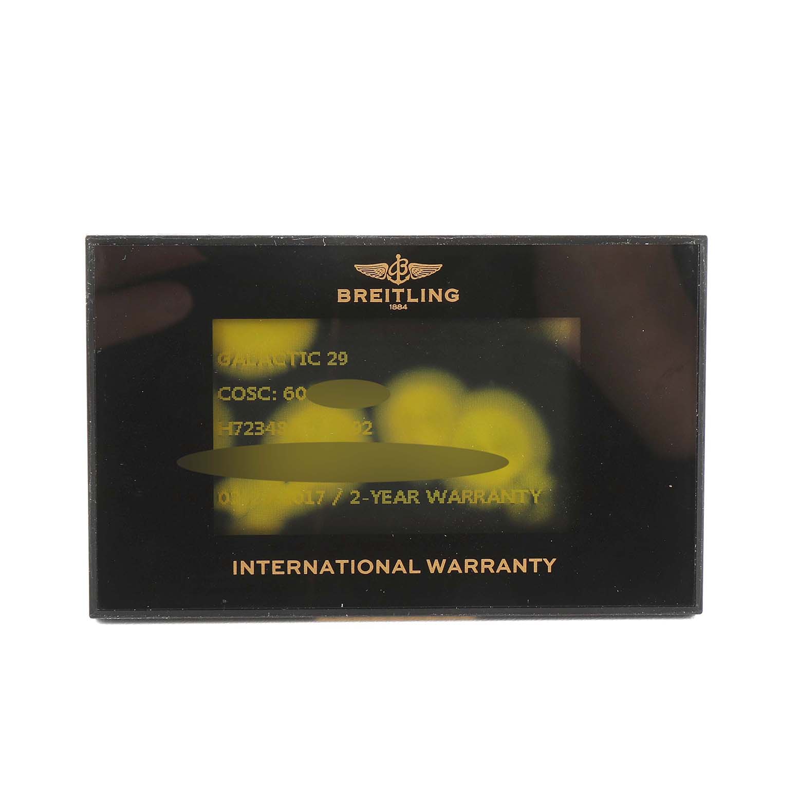The image shows the International Warranty card for the Breitling H72348 Women's Rose Gold Mother of Pearl Dial H72348 Women's Rose Gold Mother of Pearl Dial Galactic 29 Mother of Pearl Dial Rose Gold Diamond Ladies Watch H72348 model.