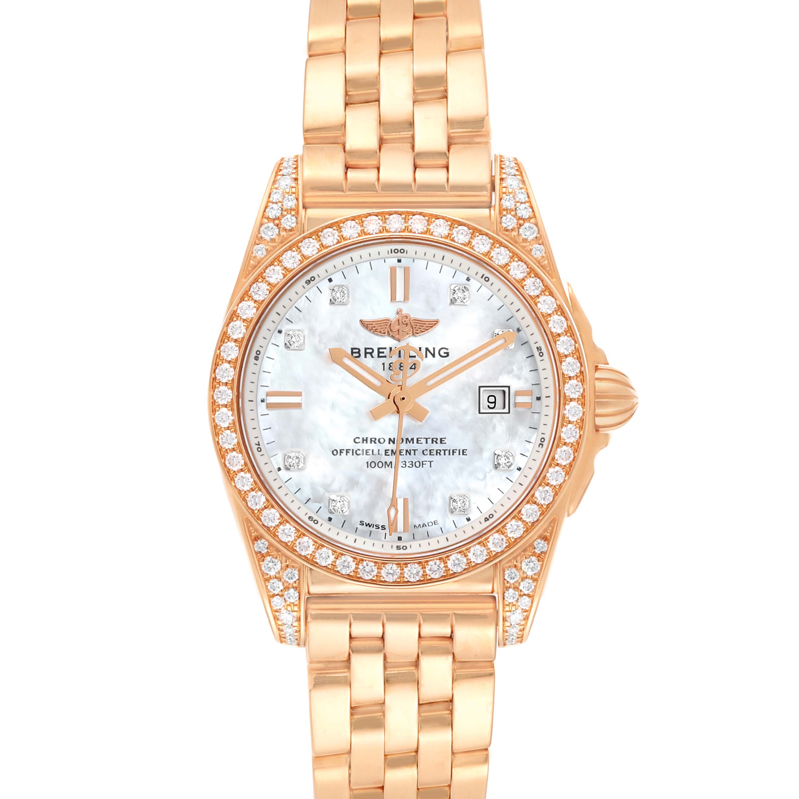 The image displays the frontal view of a Breitling H72348 Women's Rose Gold Mother of Pearl Dial H72348 Women's Rose Gold Mother of Pearl Dial Galactic 29 Mother of Pearl Dial Rose Gold Diamond Ladies Watch H72348.