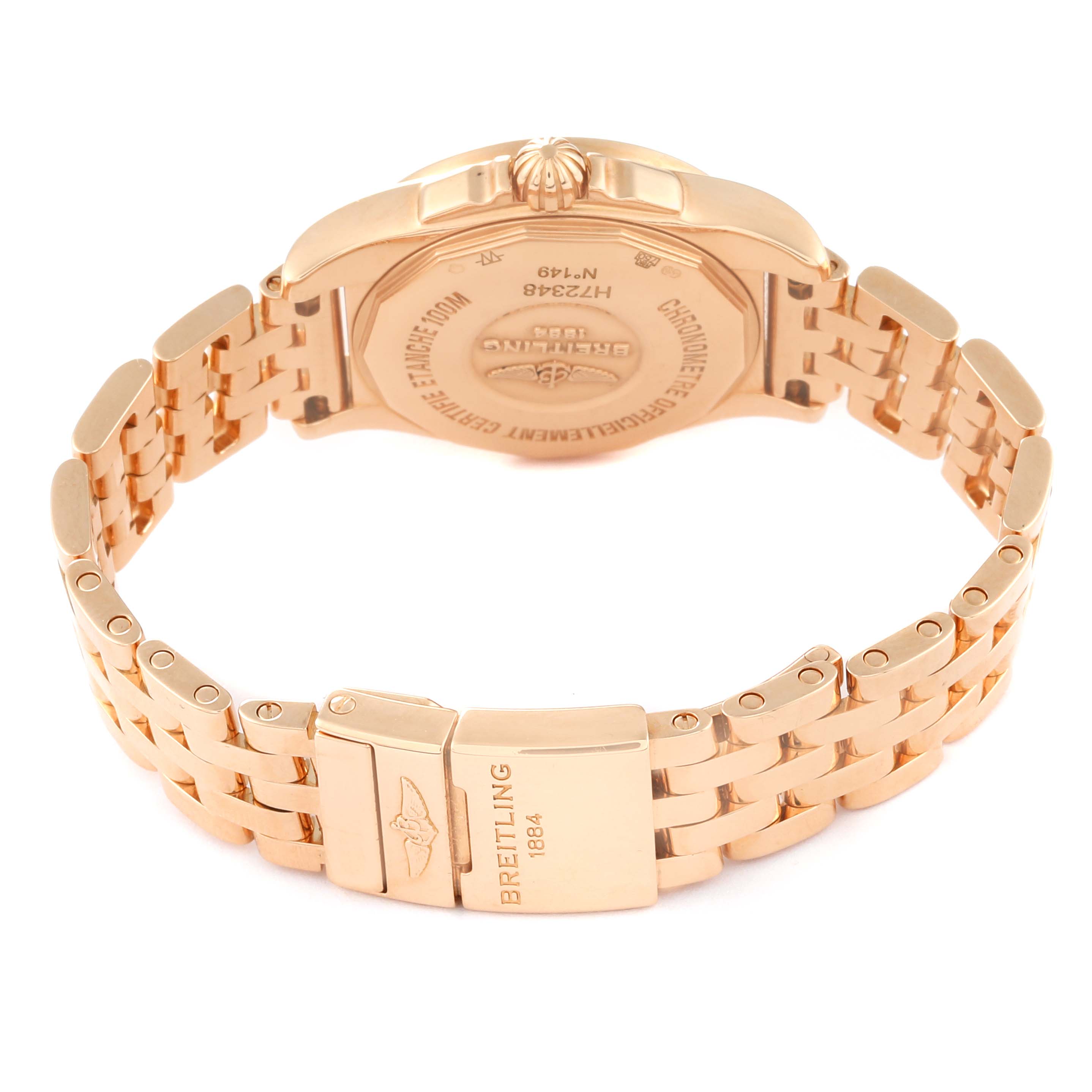 The image shows the back and bracelet of the Breitling H72348 Women's Rose Gold Mother of Pearl Dial H72348 Women's Rose Gold Mother of Pearl Dial Galactic 29 Mother of Pearl Dial Rose Gold Diamond Ladies Watch H72348.