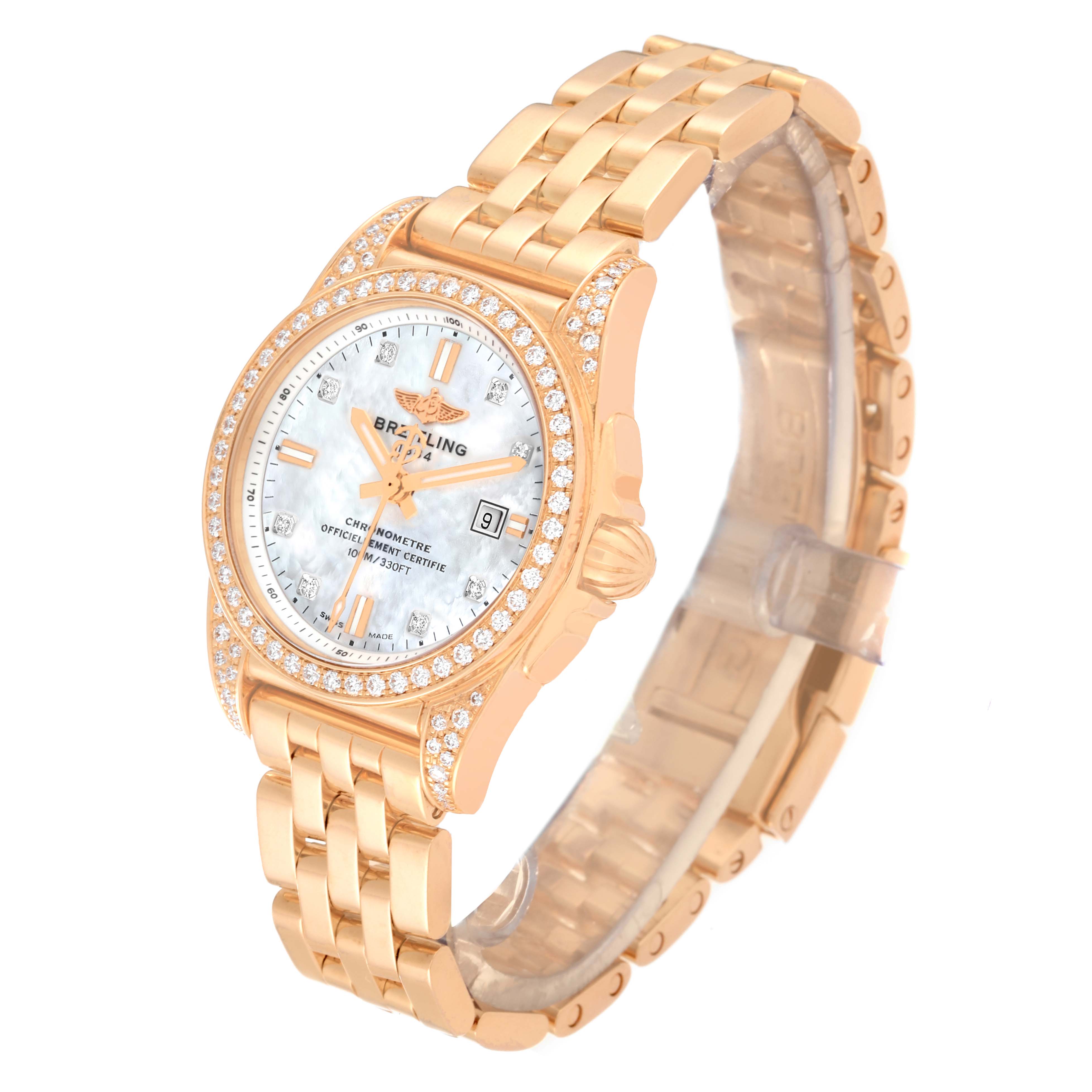 The image shows a Breitling H72348 Women's Rose Gold Mother of Pearl Dial H72348 Women's Rose Gold Mother of Pearl Dial Galactic 29 Mother of Pearl Dial Rose Gold Diamond Ladies Watch H72348, captured at a three-quarter angle.