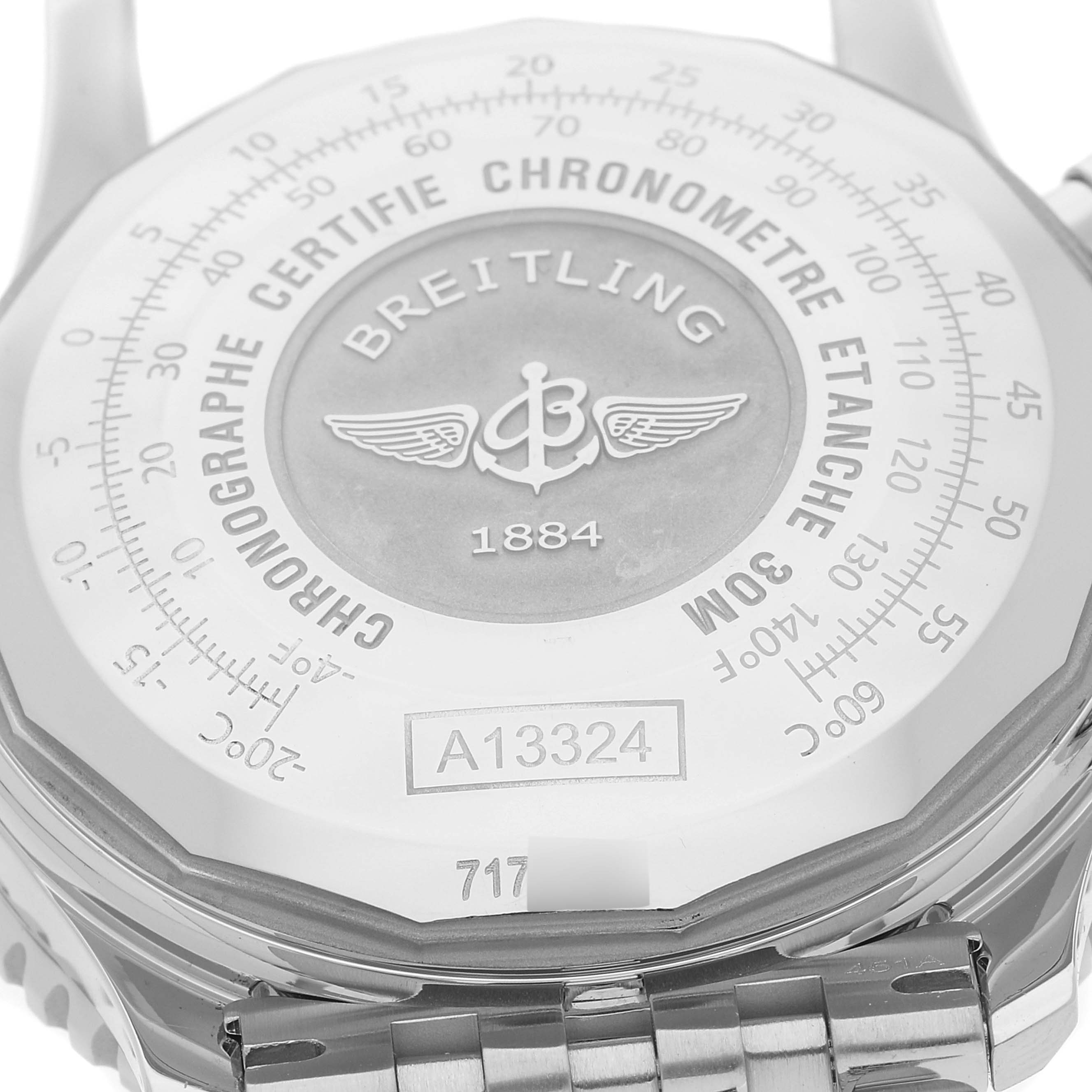 The image shows the back view of a Breitling Navitimer A13324 Men's Stainless Steel Black Dial A13324 Men's Stainless Steel Black Dial watch, highlighting the case back with branding and model number A13324.