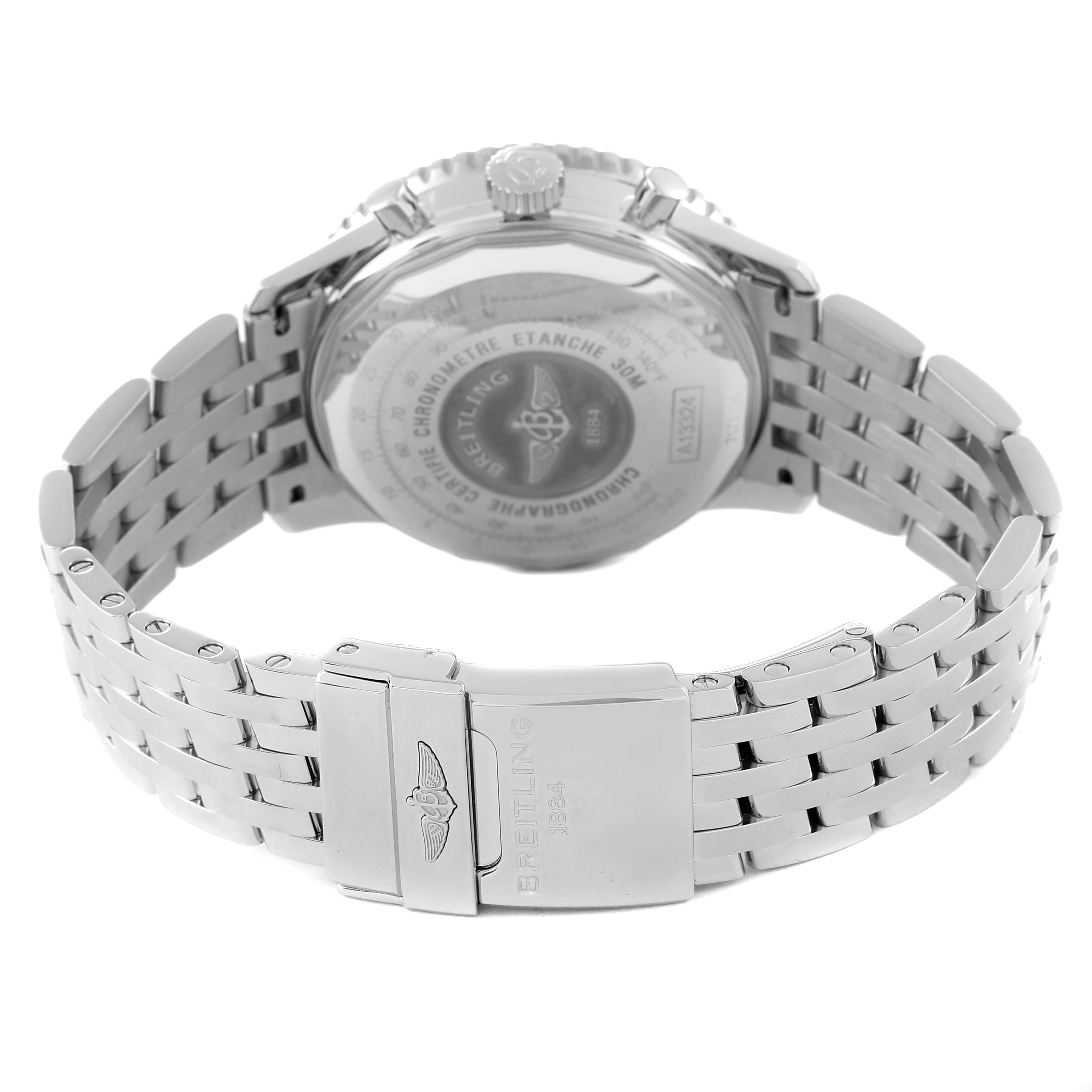This image shows the rear view of a Breitling Navitimer A13324 Men's Stainless Steel Black Dial A13324 Men's Stainless Steel Black Dial watch, focusing on the back case and metal bracelet with the clasp.